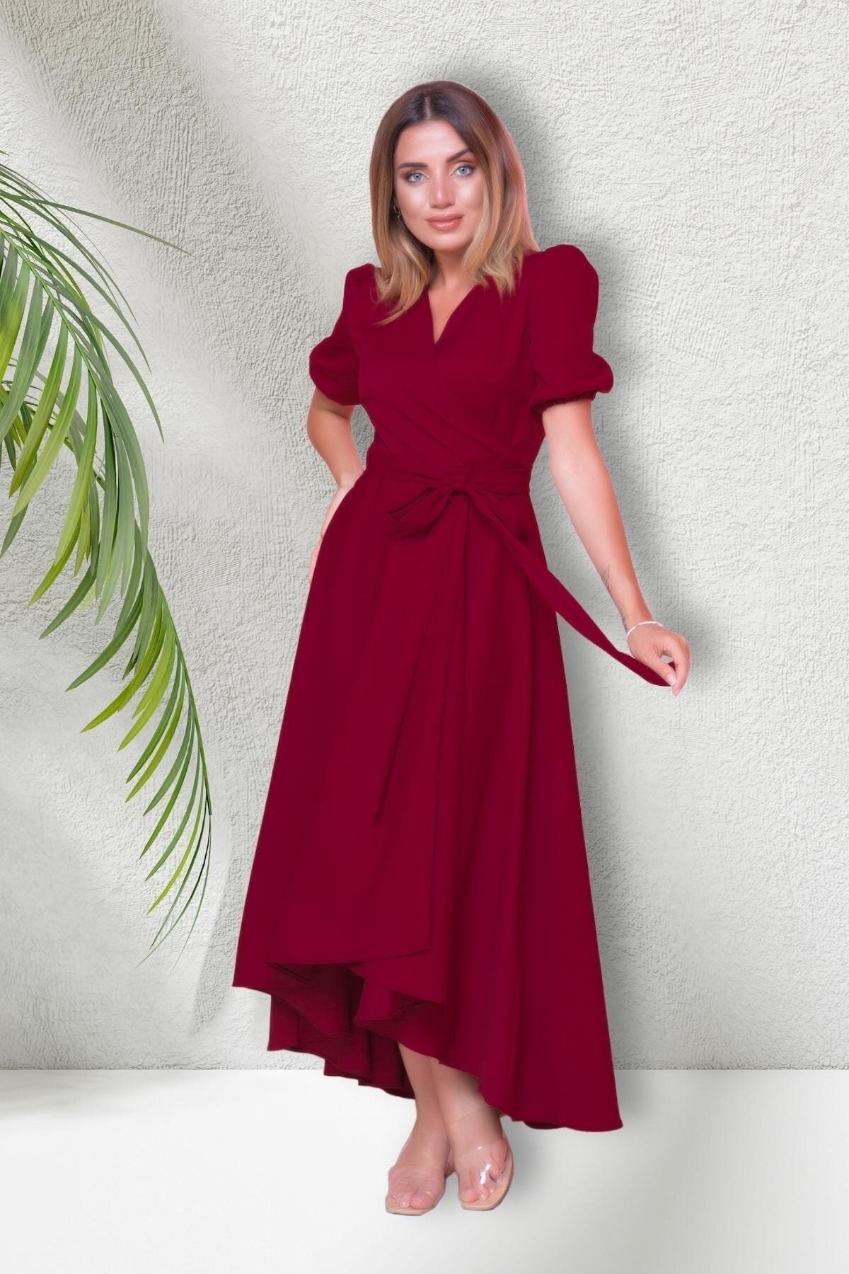 Midi Asymmetric Short Sleeve Wrap Dress - Burgundy - Bidoluelbise