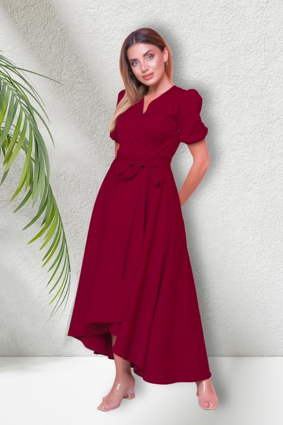 Midi Asymmetric Short Sleeve Wrap Dress - Burgundy - Bidoluelbise