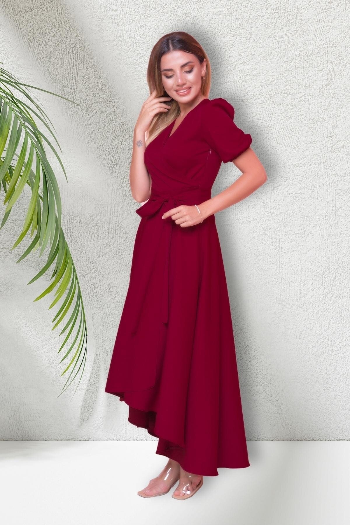 Midi Asymmetric Short Sleeve Wrap Dress - Burgundy - Bidoluelbise