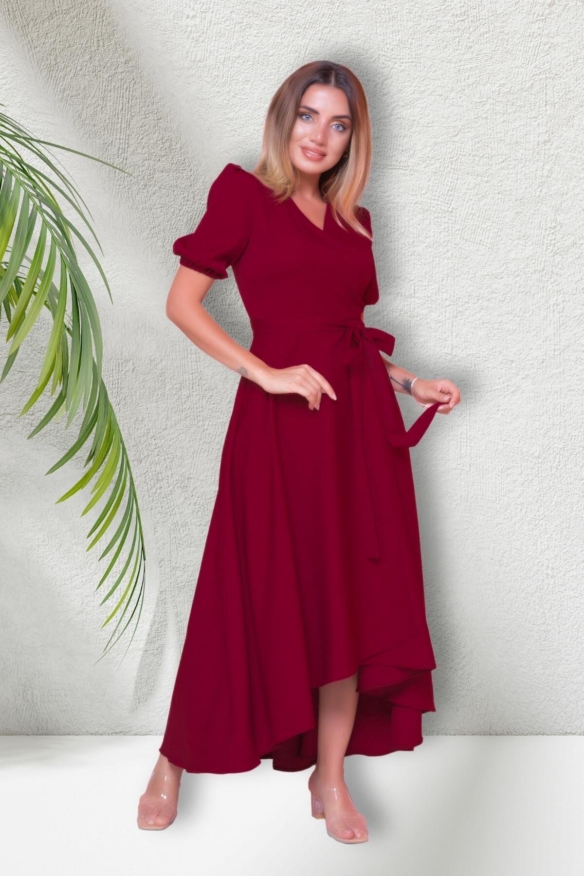 Midi Asymmetric Short Sleeve Wrap Dress - Burgundy - Bidoluelbise