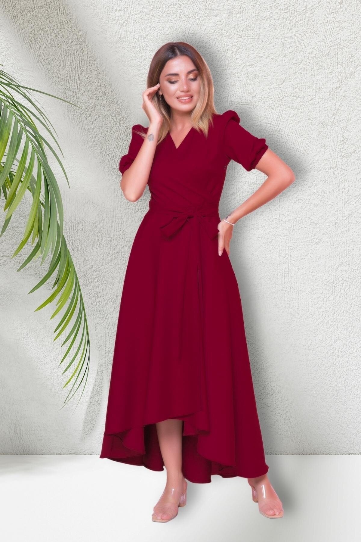 Midi Asymmetric Short Sleeve Wrap Dress - Burgundy - Bidoluelbise