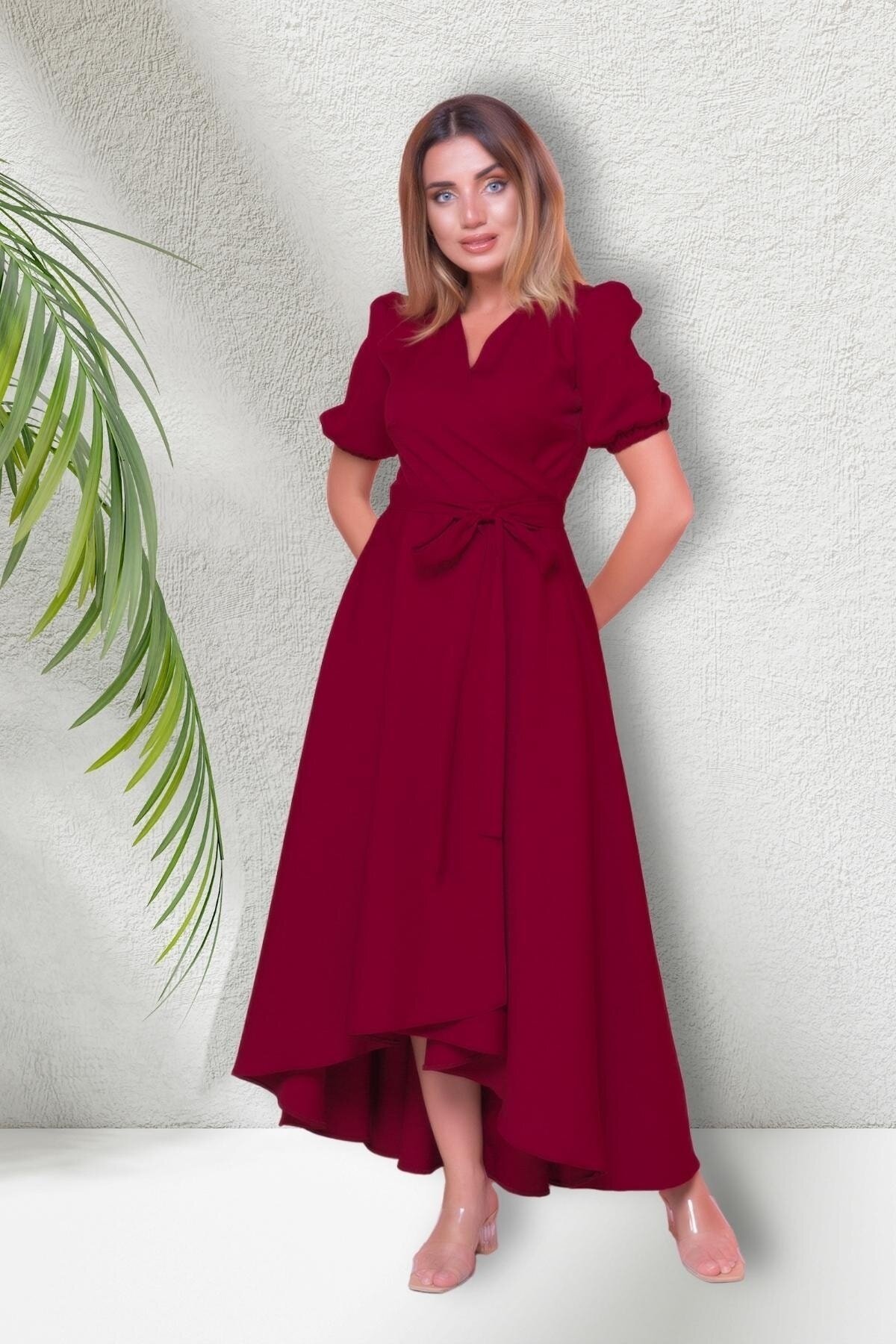 Midi Asymmetric Short Sleeve Wrap Dress - Burgundy - Bidoluelbise