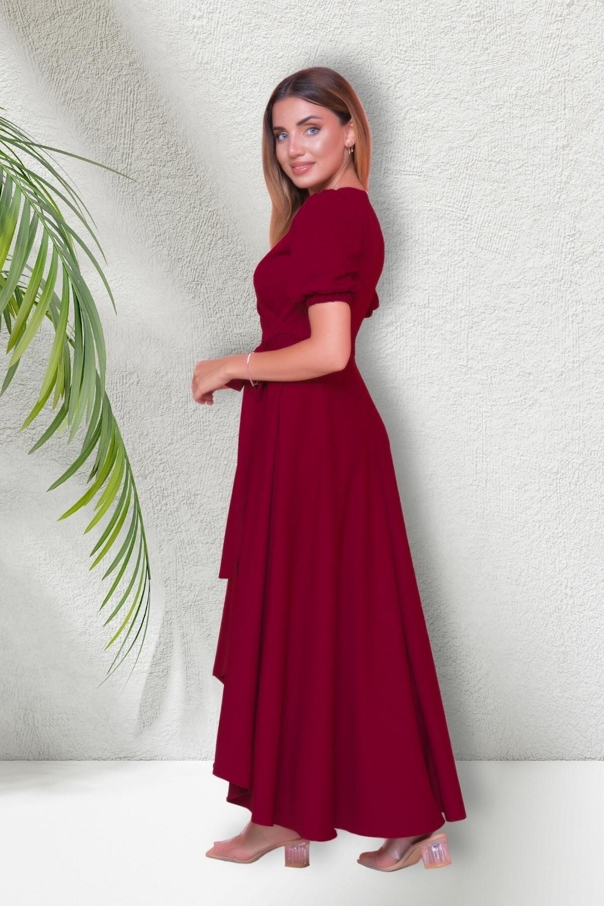 Midi Asymmetric Short Sleeve Wrap Dress - Burgundy - Bidoluelbise