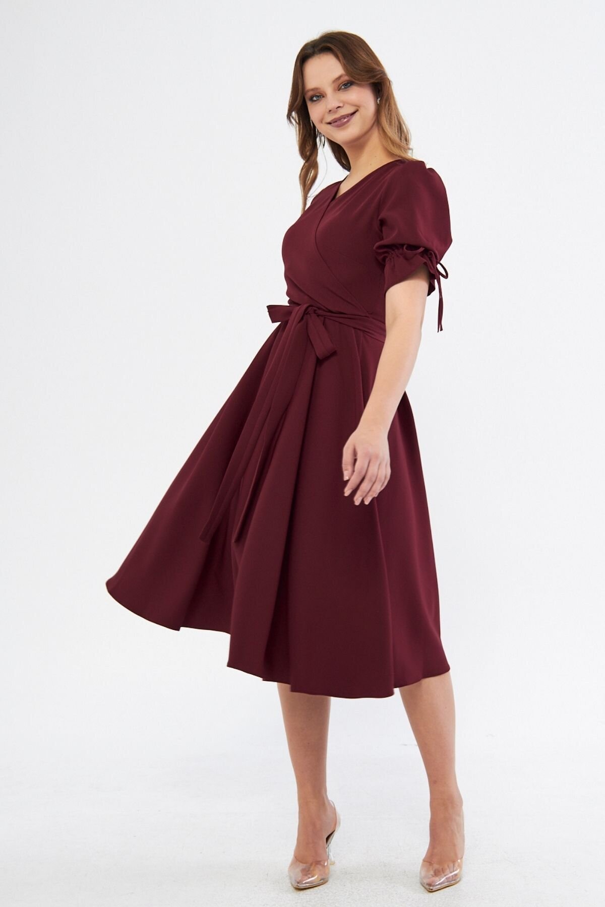 Midi Short Sleeve Ruched Belted Wrap-Neck Evening Dress - Burgundy - Bidoluelbise