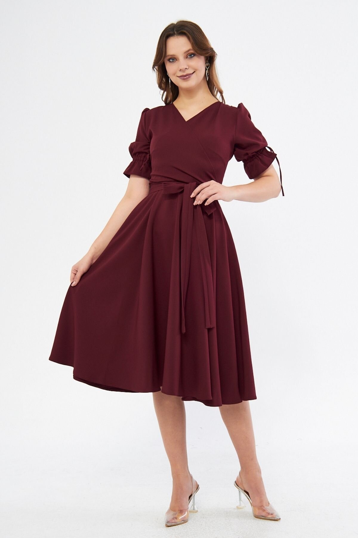 Midi Short Sleeve Ruched Belted Wrap-Neck Evening Dress - Burgundy - Bidoluelbise