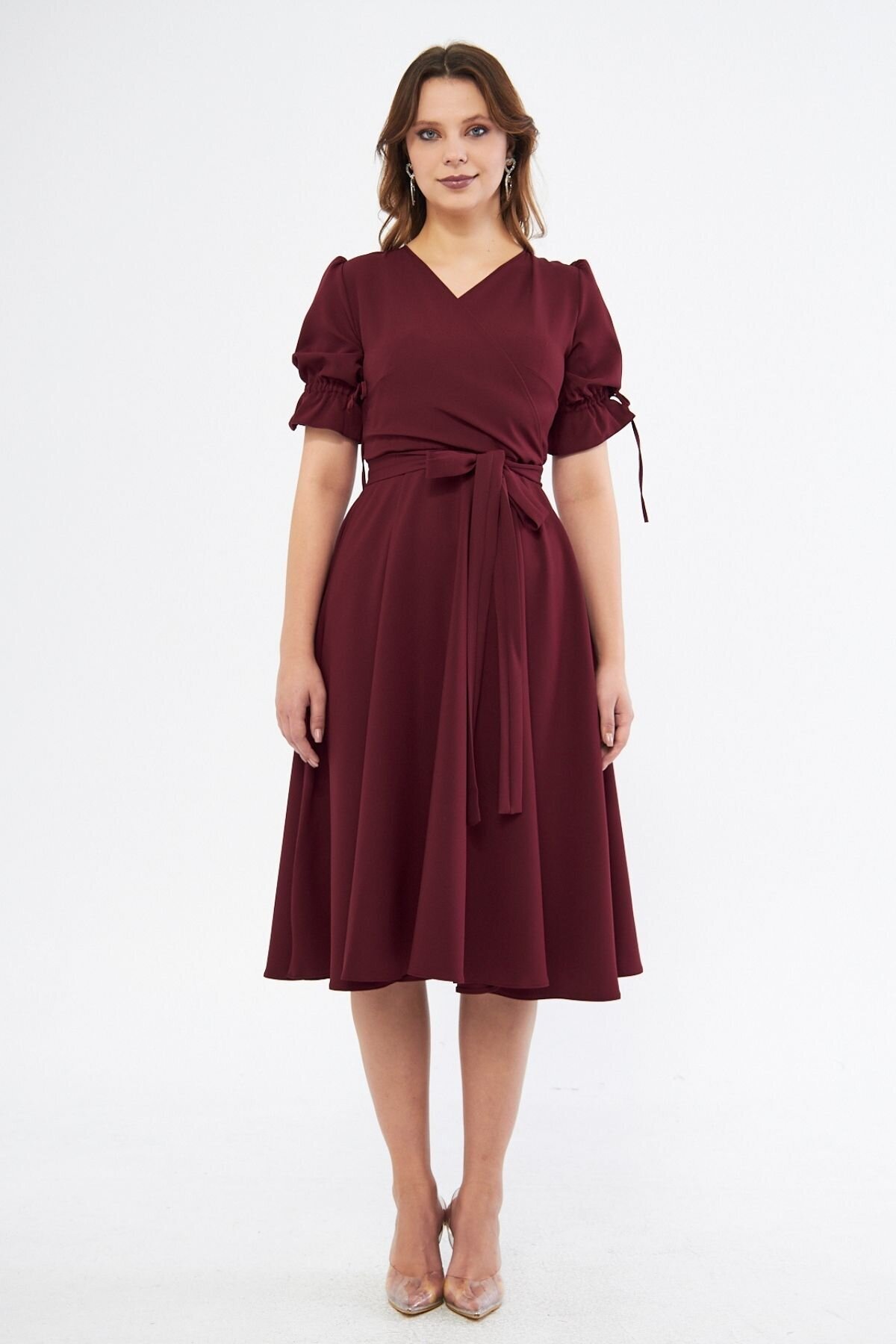 Midi Short Sleeve Ruched Belted Wrap-Neck Evening Dress - Burgundy - Bidoluelbise