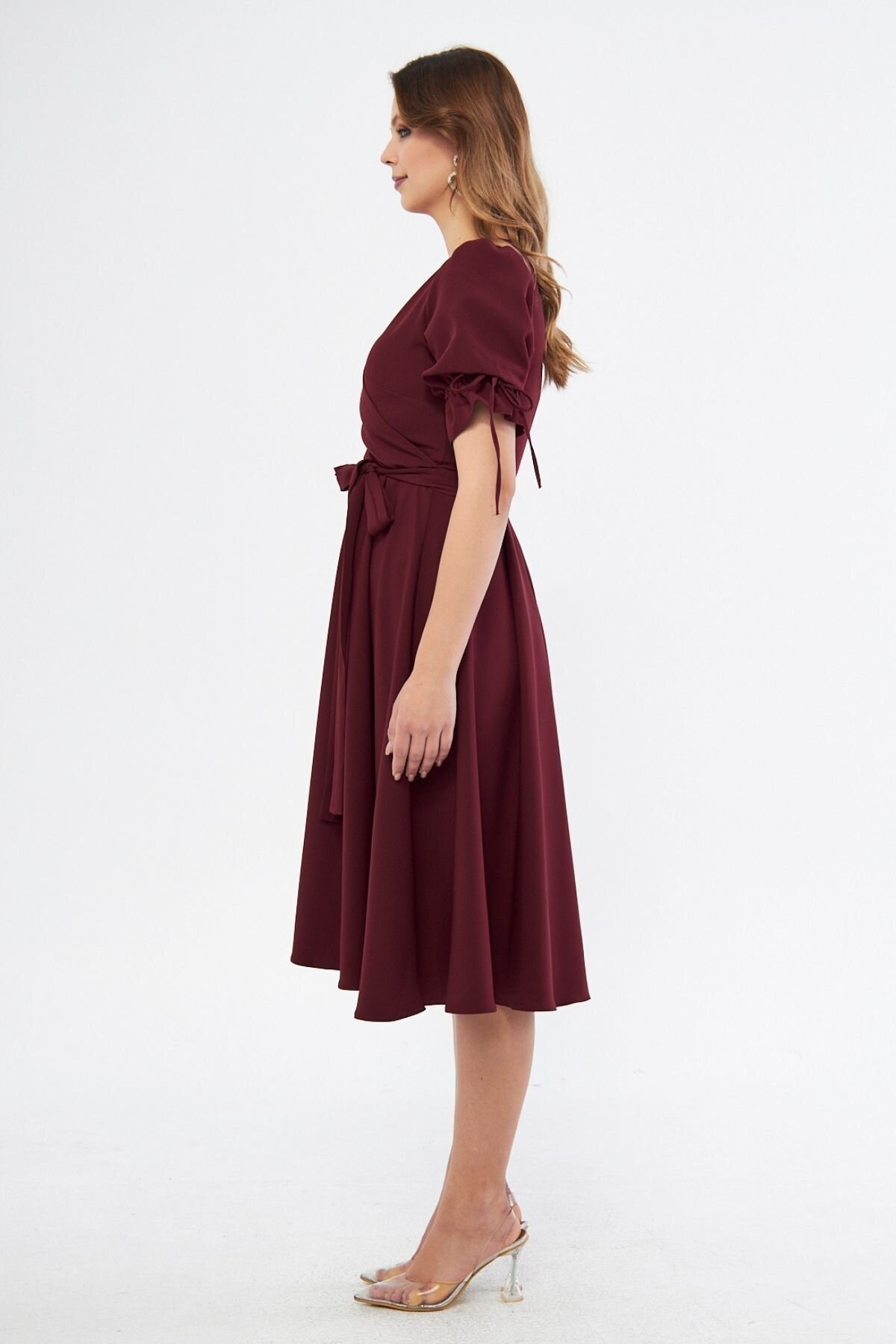 Midi Short Sleeve Ruched Belted Wrap-Neck Evening Dress - Burgundy - Bidoluelbise