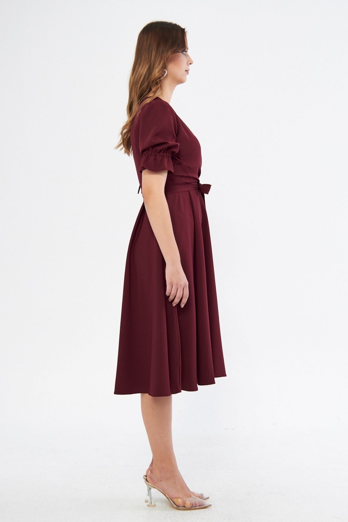 Midi Short Sleeve Ruched Belted Wrap-Neck Evening Dress - Burgundy - Bidoluelbise
