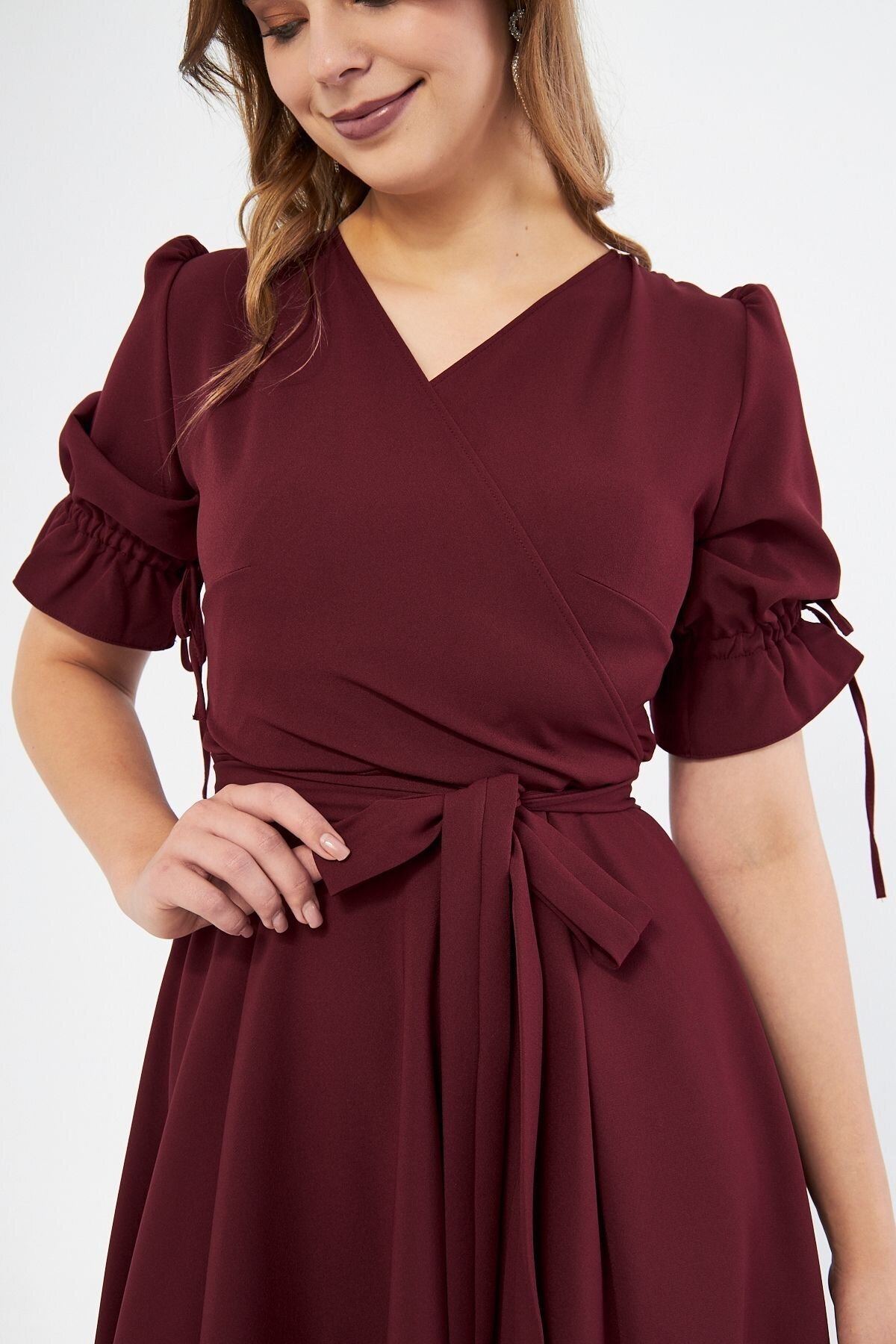 Midi Short Sleeve Ruched Belted Wrap-Neck Evening Dress - Burgundy - Bidoluelbise