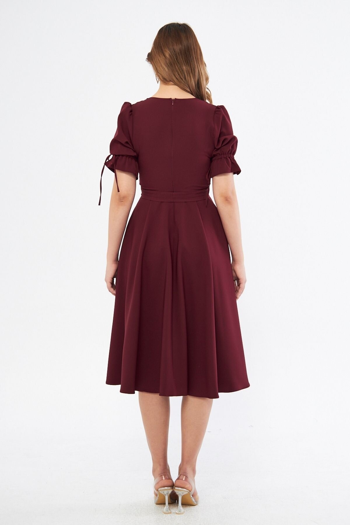 Midi Short Sleeve Ruched Belted Wrap-Neck Evening Dress - Burgundy - Bidoluelbise