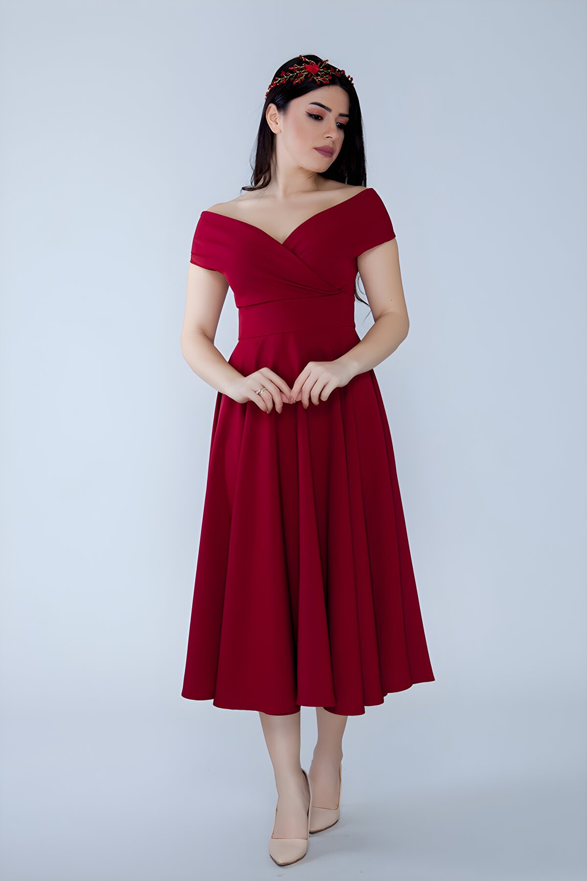 Bordo Midi Kloş Kayık Yaka Abiye Elbise - Bidoluelbise