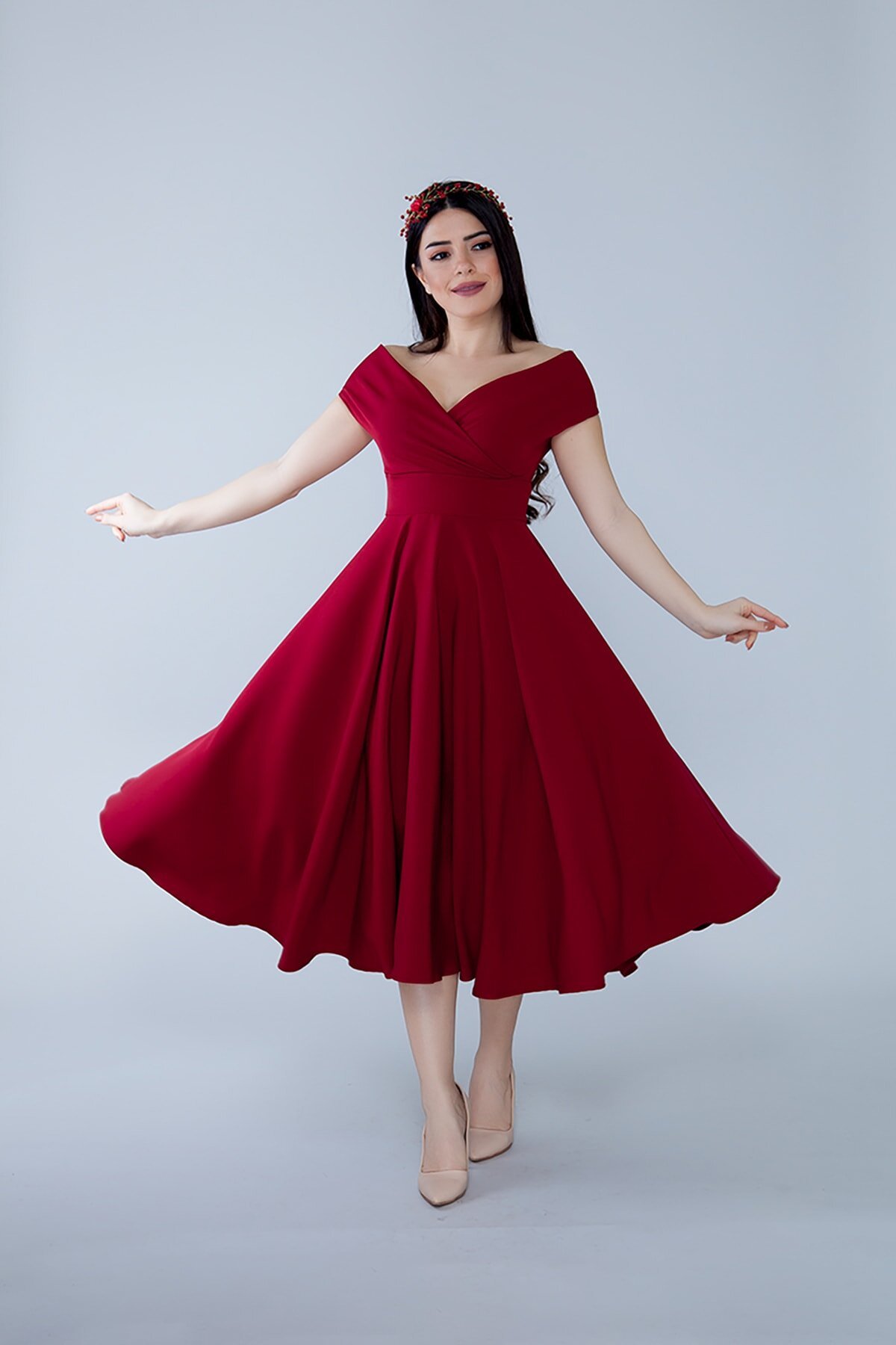 Midi Flared Boat Neck Evening Dress - Bordeaux - Bidoluelbise