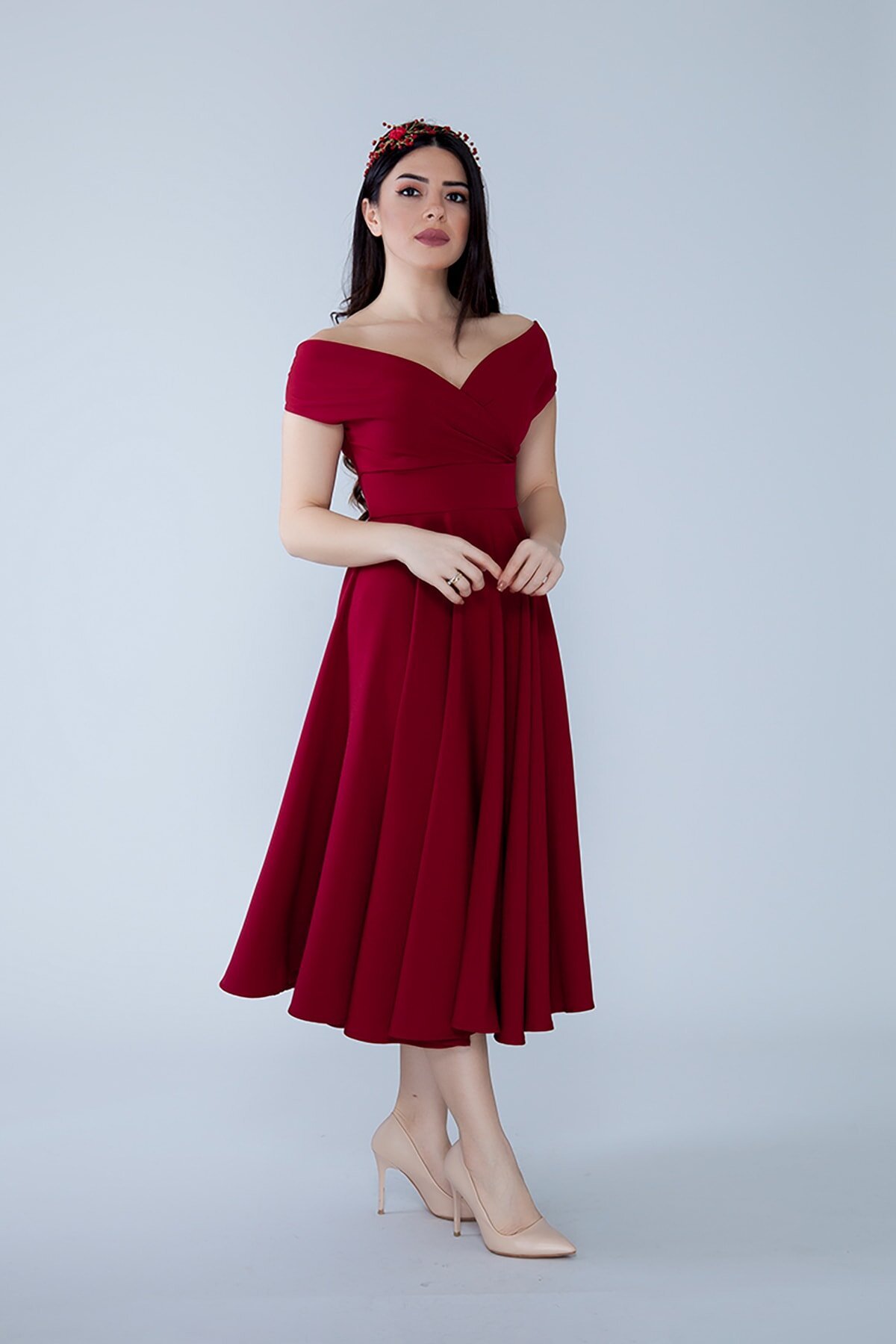 Midi Flared Boat Neck Evening Dress - Bordeaux - Bidoluelbise
