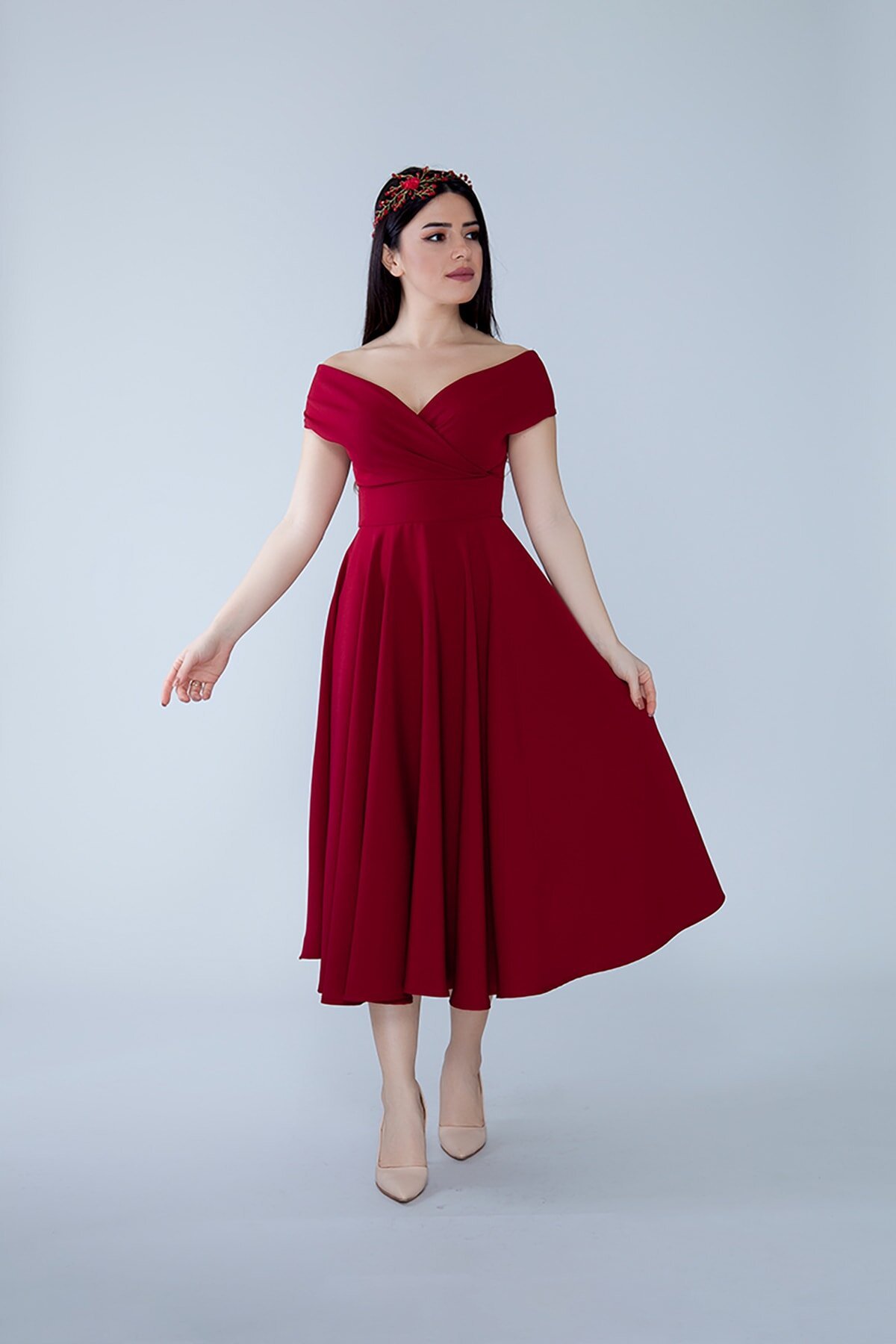 Midi Flared Boat Neck Evening Dress - Bordeaux - Bidoluelbise