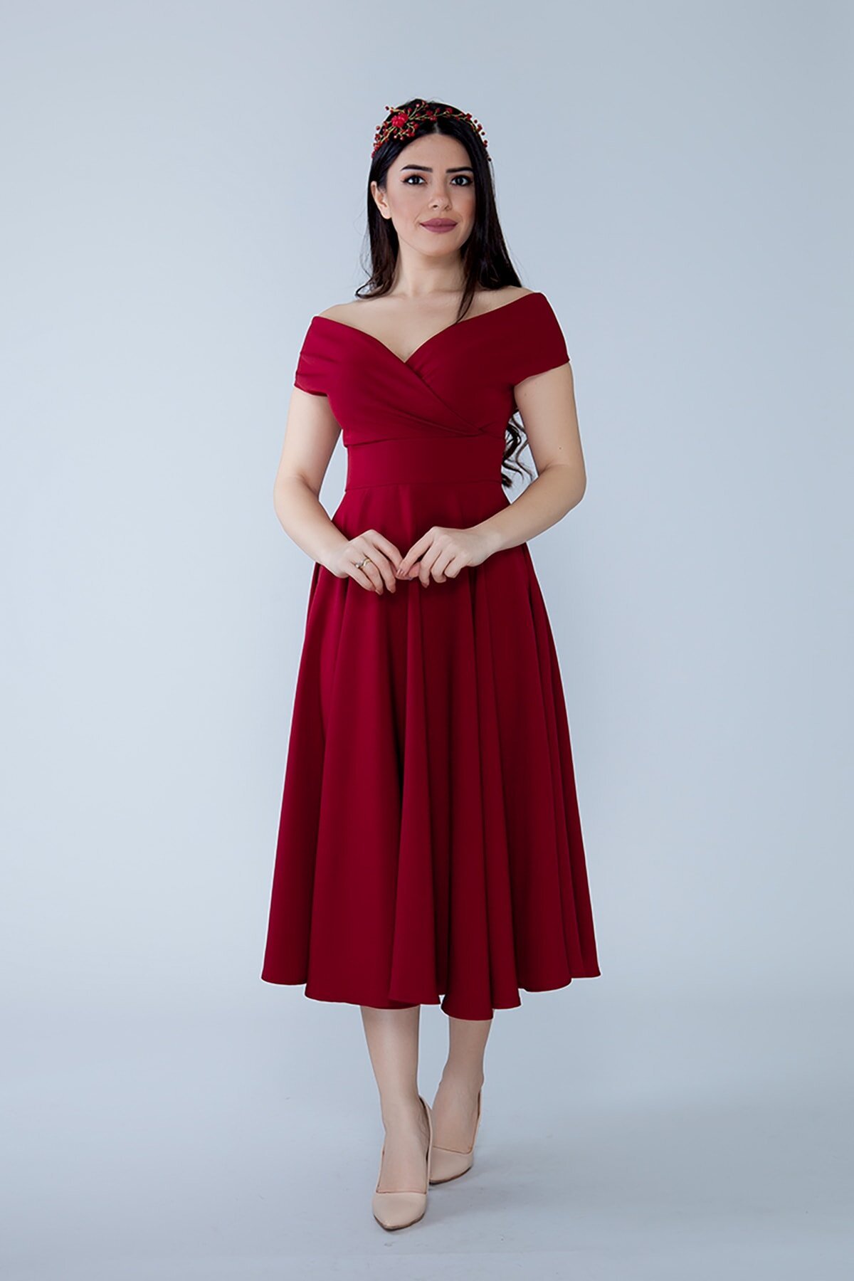 Midi Flared Boat Neck Evening Dress - Bordeaux - Bidoluelbise