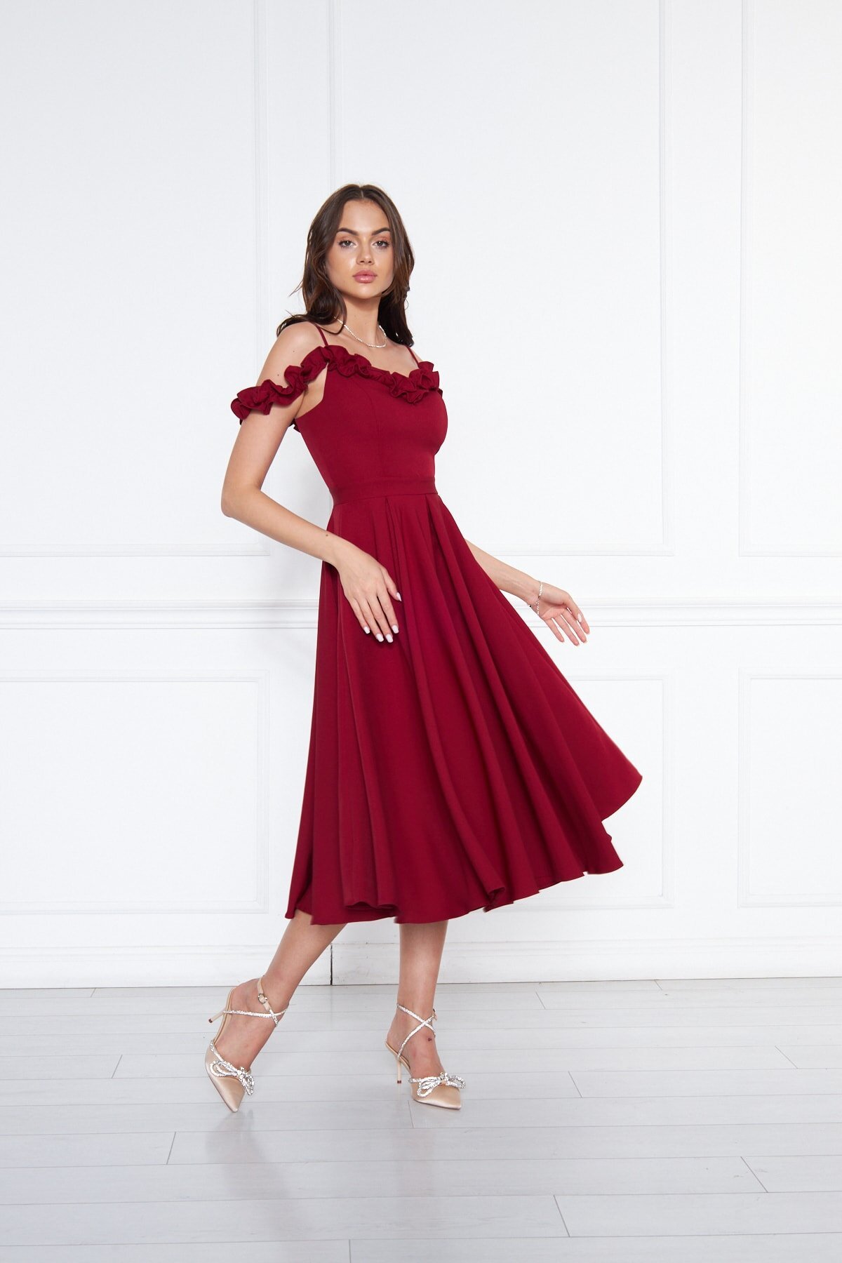 Midi Flared Pleated Adjustable Strap Ruffle Detail Evening Dress - Burgundy - Bidoluelbise