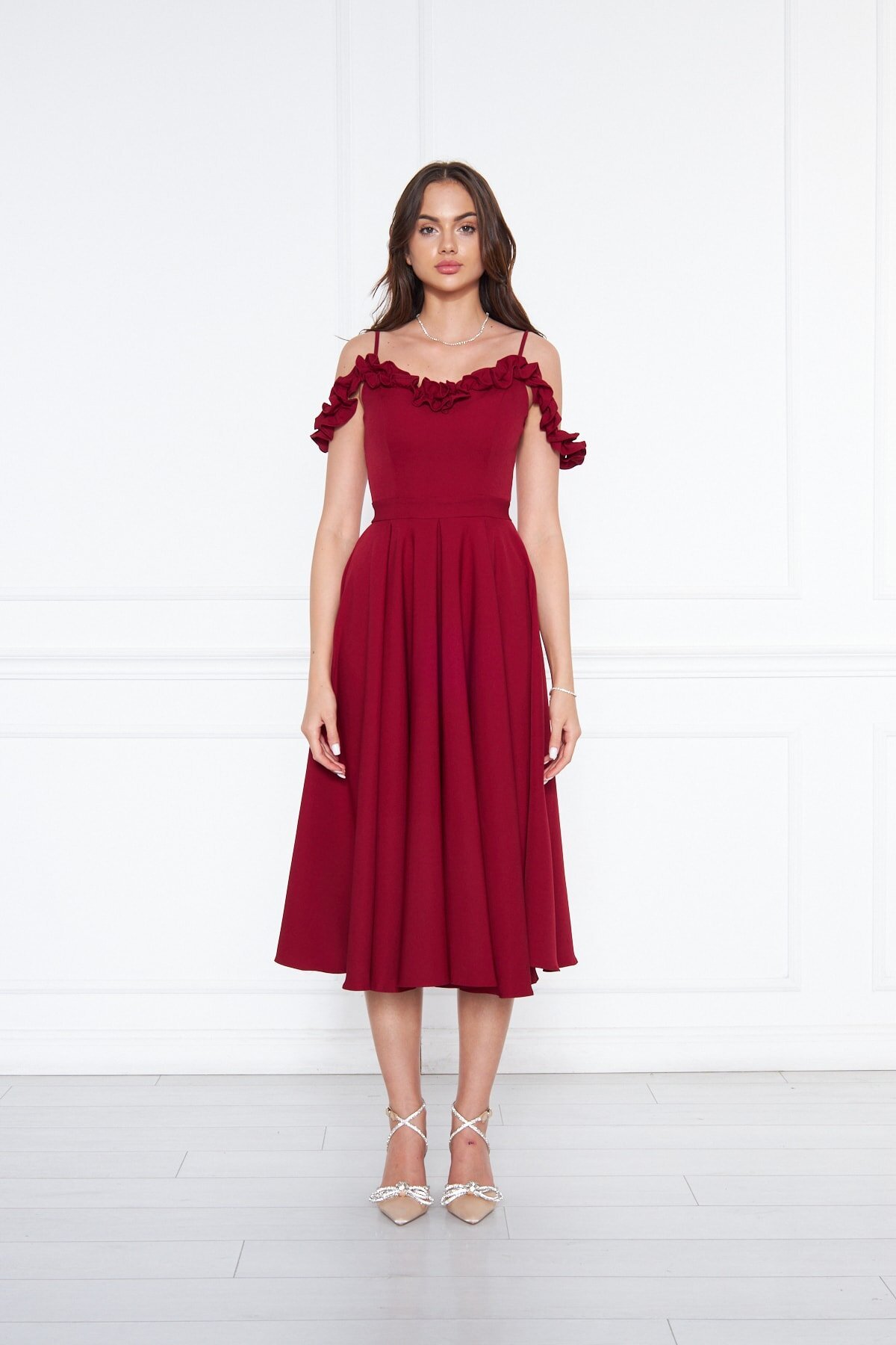 Midi Flared Pleated Adjustable Strap Ruffle Detail Evening Dress - Burgundy - Bidoluelbise