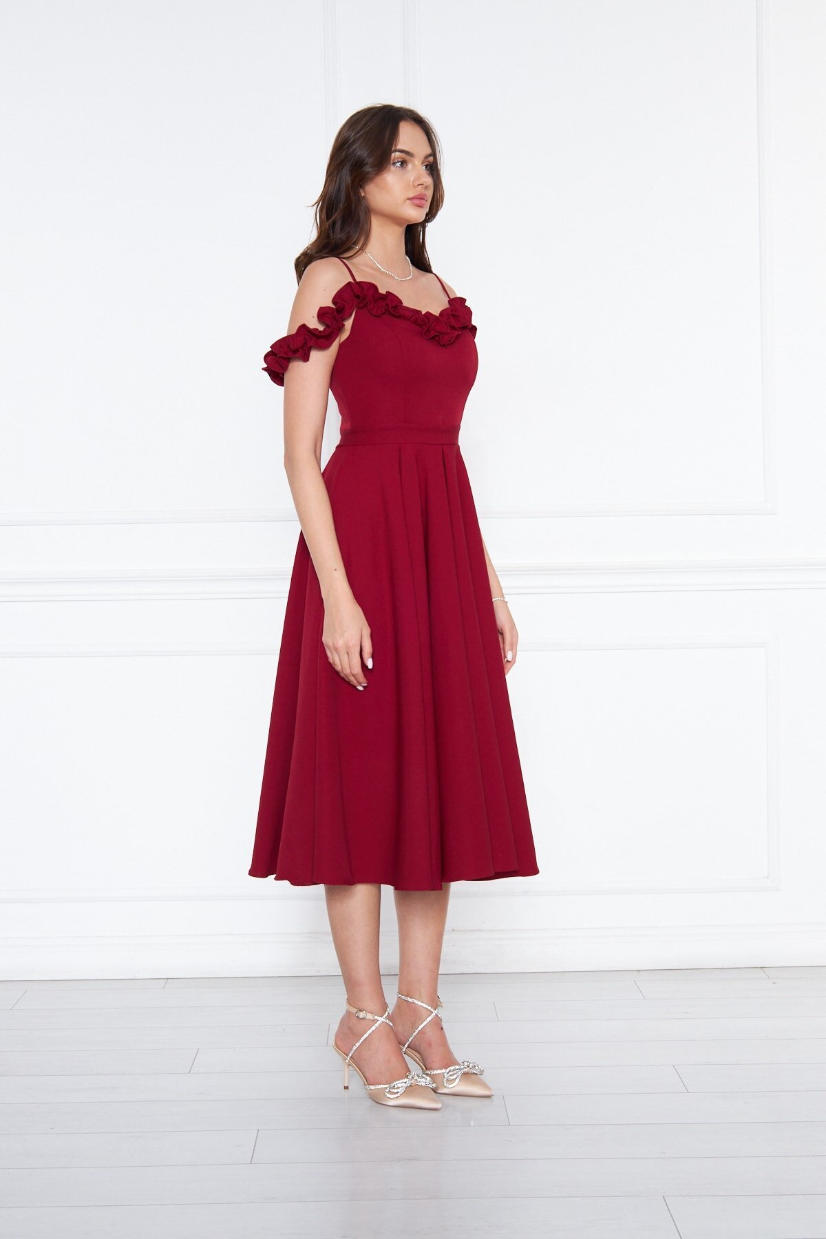 Midi Flared Pleated Adjustable Strap Ruffle Detail Evening Dress - Burgundy - Bidoluelbise