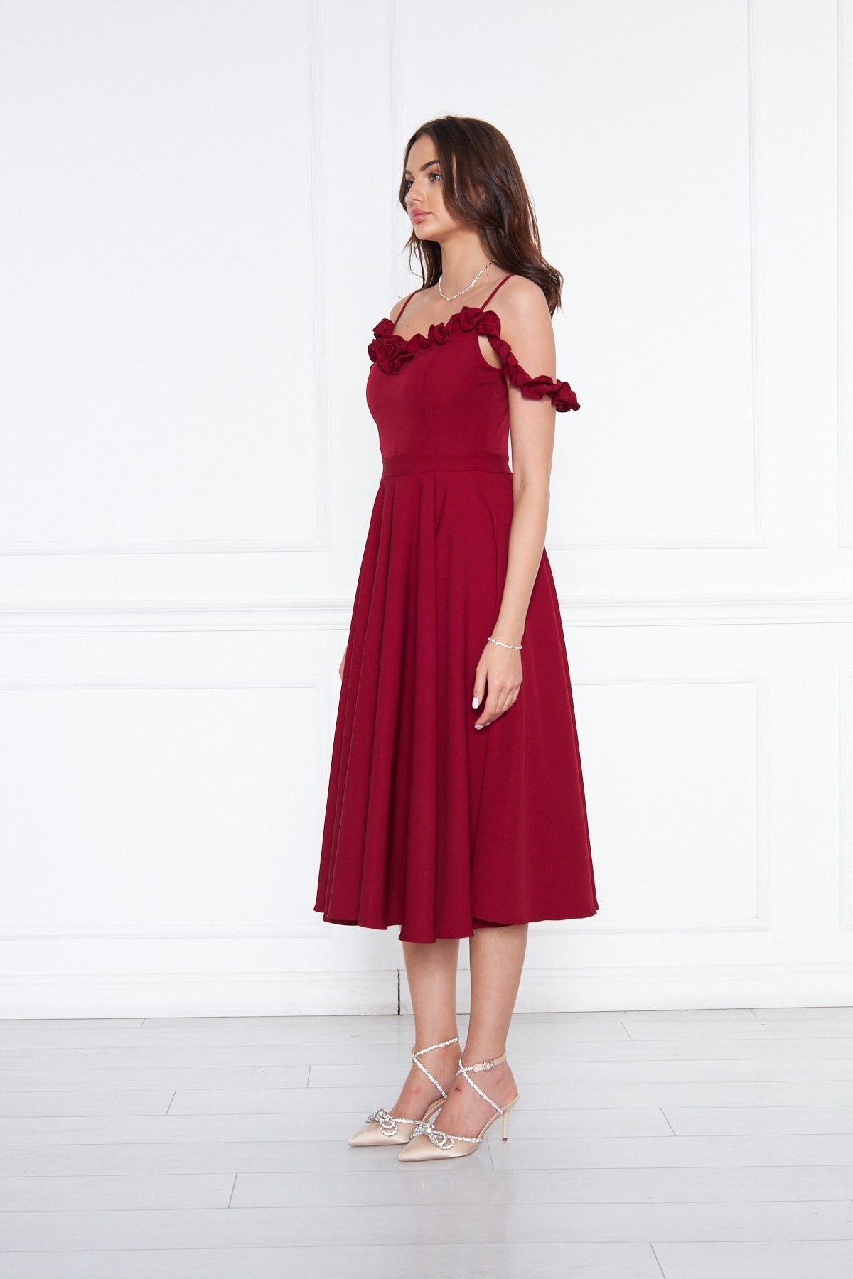 Midi Flared Pleated Adjustable Strap Ruffle Detail Evening Dress - Burgundy - Bidoluelbise