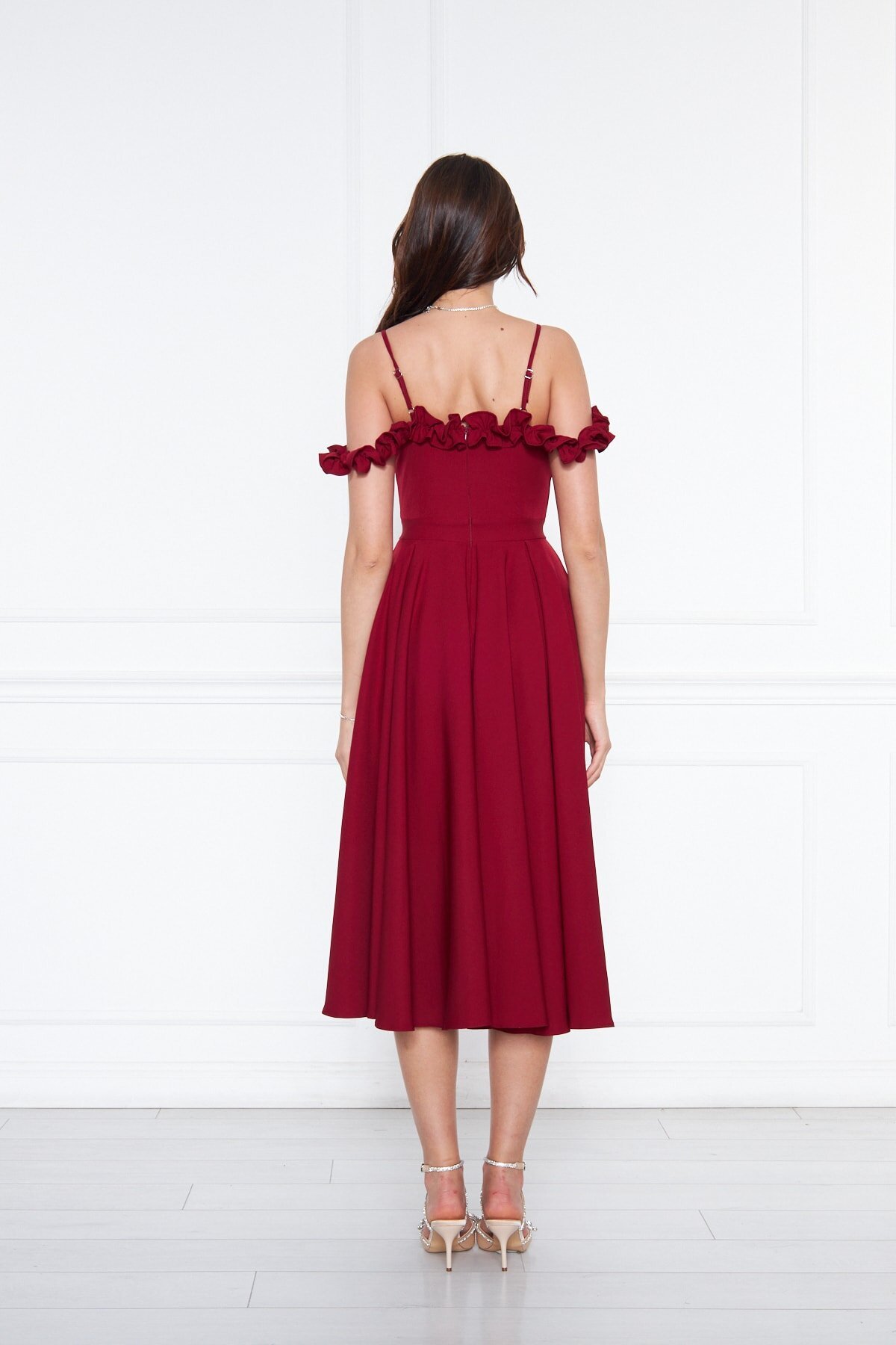 Midi Flared Pleated Adjustable Strap Ruffle Detail Evening Dress - Burgundy - Bidoluelbise