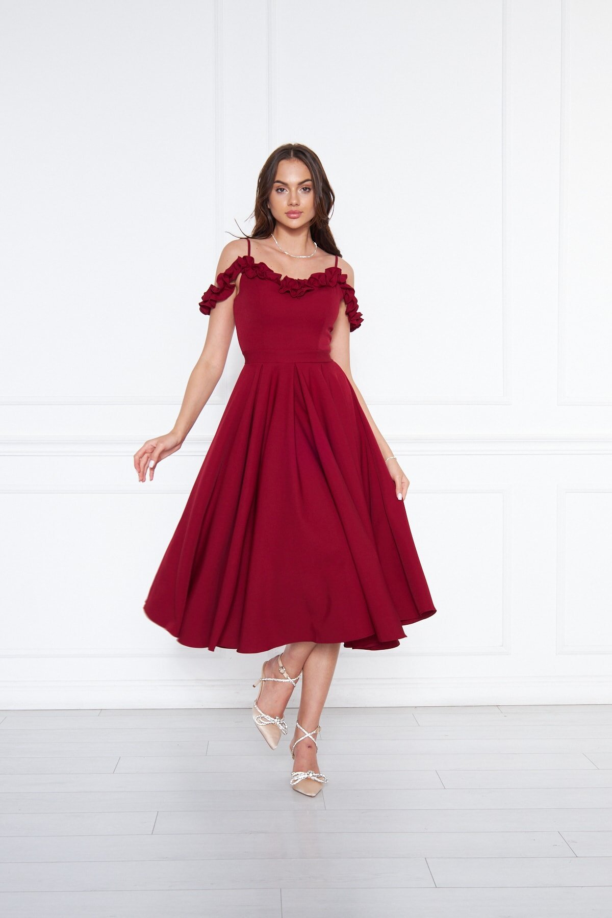 Midi Flared Pleated Adjustable Strap Ruffle Detail Evening Dress - Burgundy - Bidoluelbise
