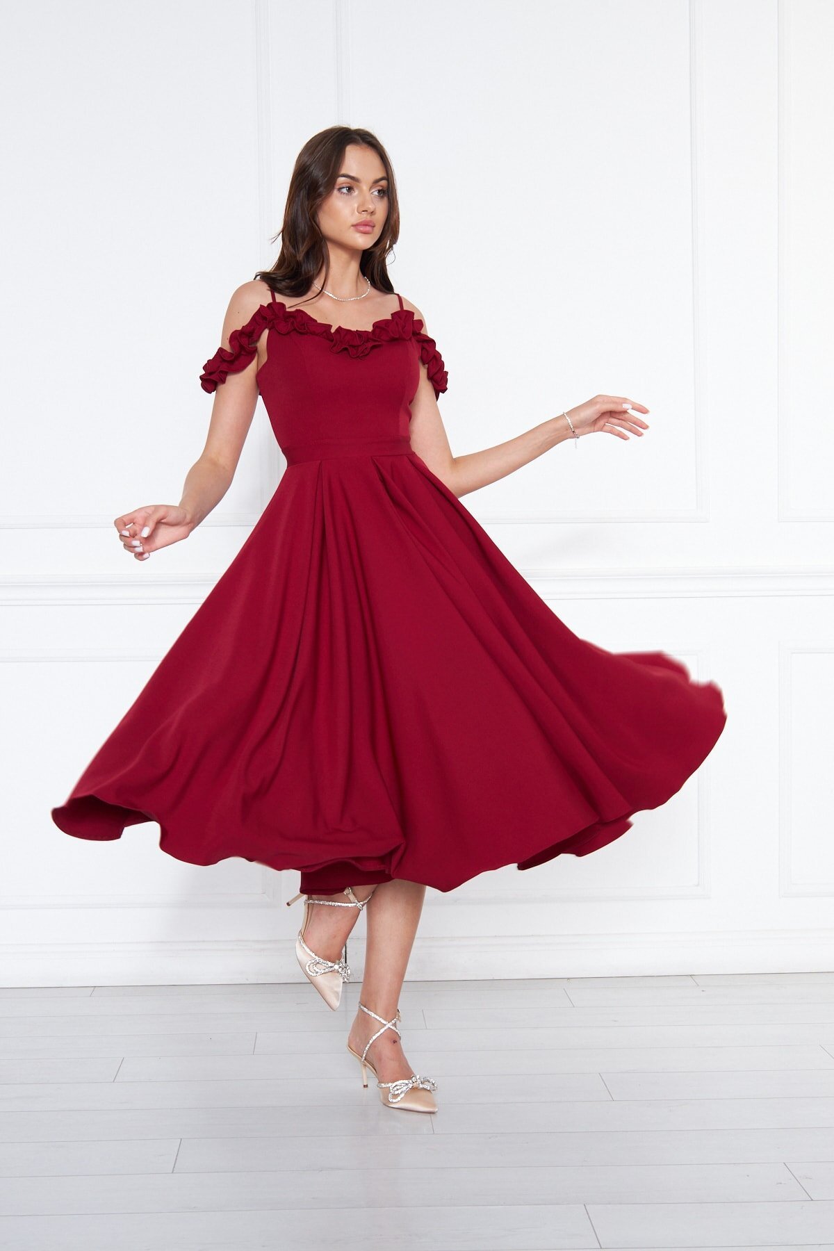 Midi Flared Pleated Adjustable Strap Ruffle Detail Evening Dress - Burgundy - Bidoluelbise