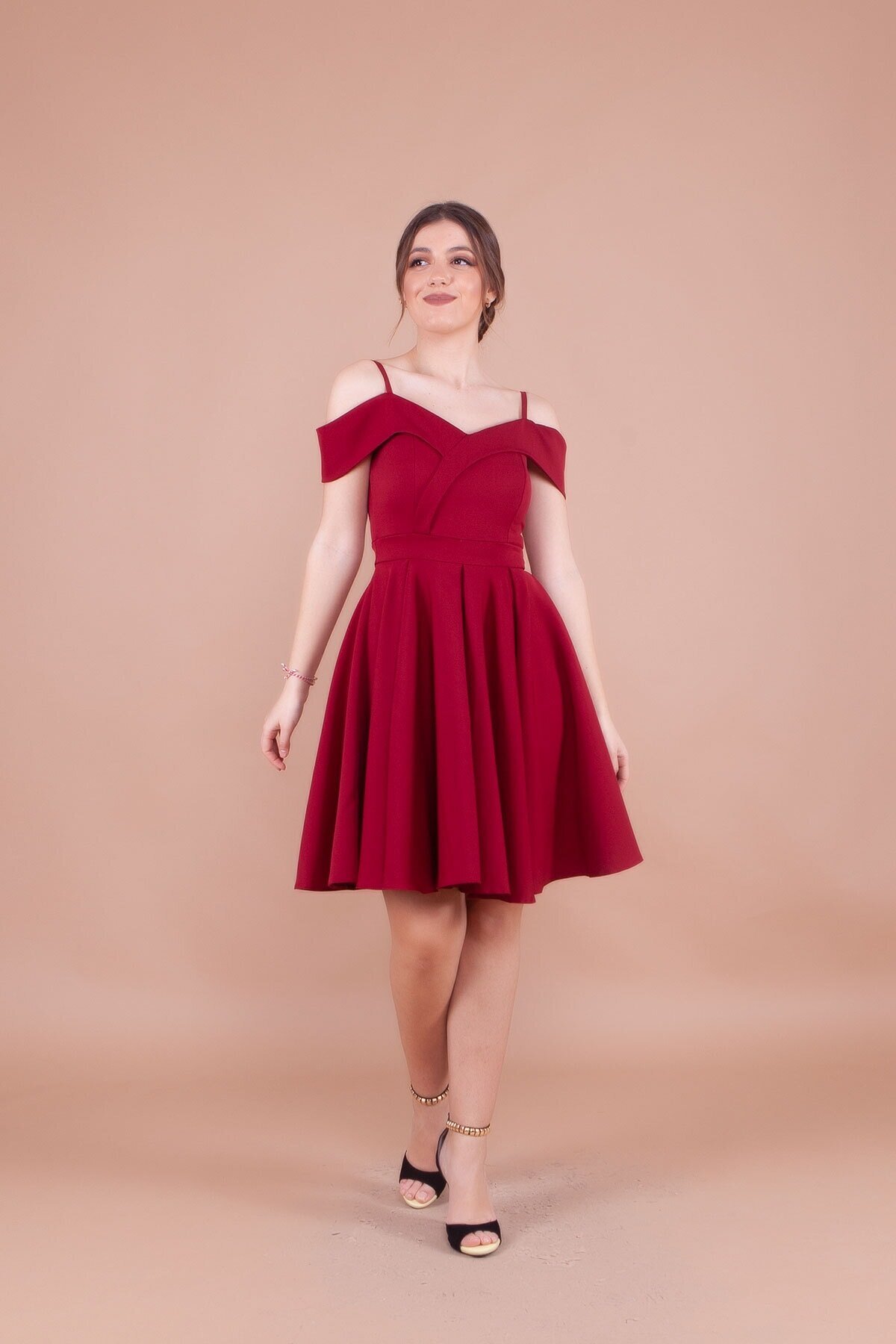 Mini Pleated Off-Shoulder Strappy Evening Dress - Burgundy - Bidoluelbise