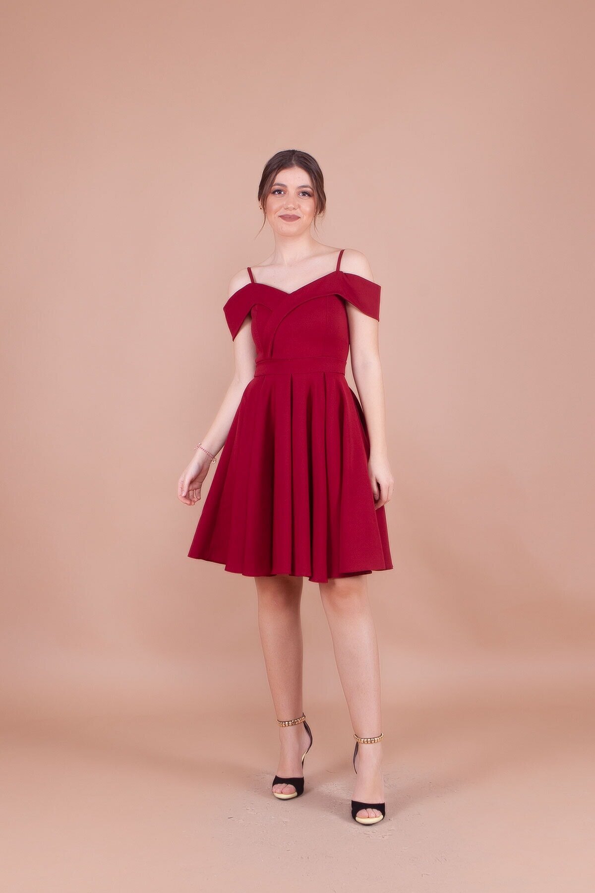 Mini Pleated Off-Shoulder Strappy Evening Dress - Burgundy - Bidoluelbise