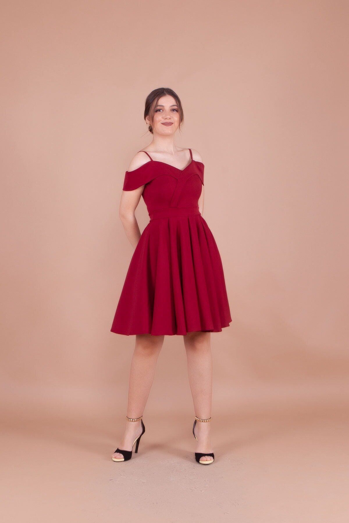 Mini Pleated Off-Shoulder Strappy Evening Dress - Burgundy - Bidoluelbise