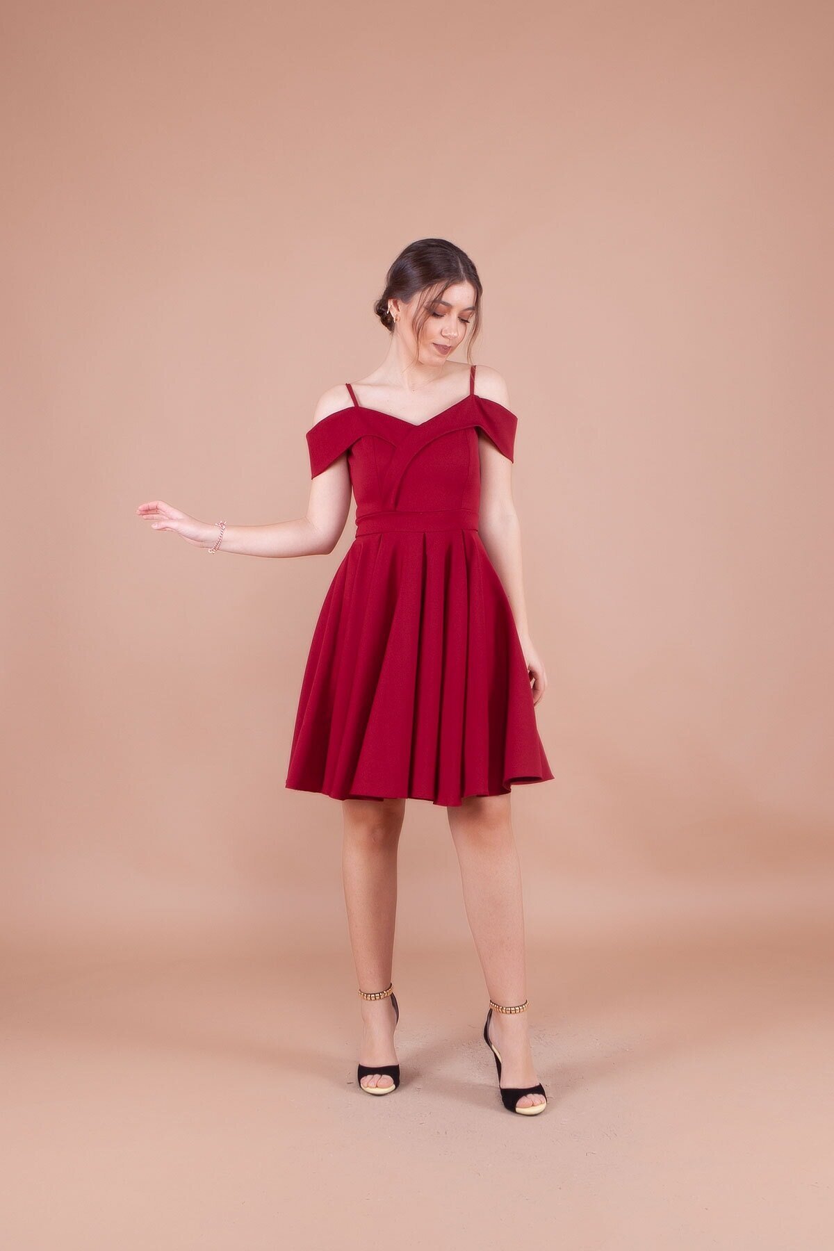 Mini Pleated Off-Shoulder Strappy Evening Dress - Burgundy - Bidoluelbise