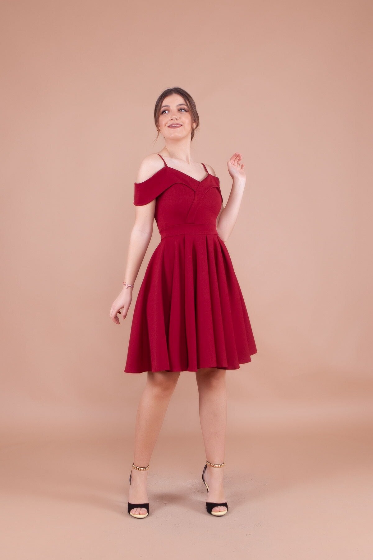 Mini Pleated Off-Shoulder Strappy Evening Dress - Burgundy - Bidoluelbise