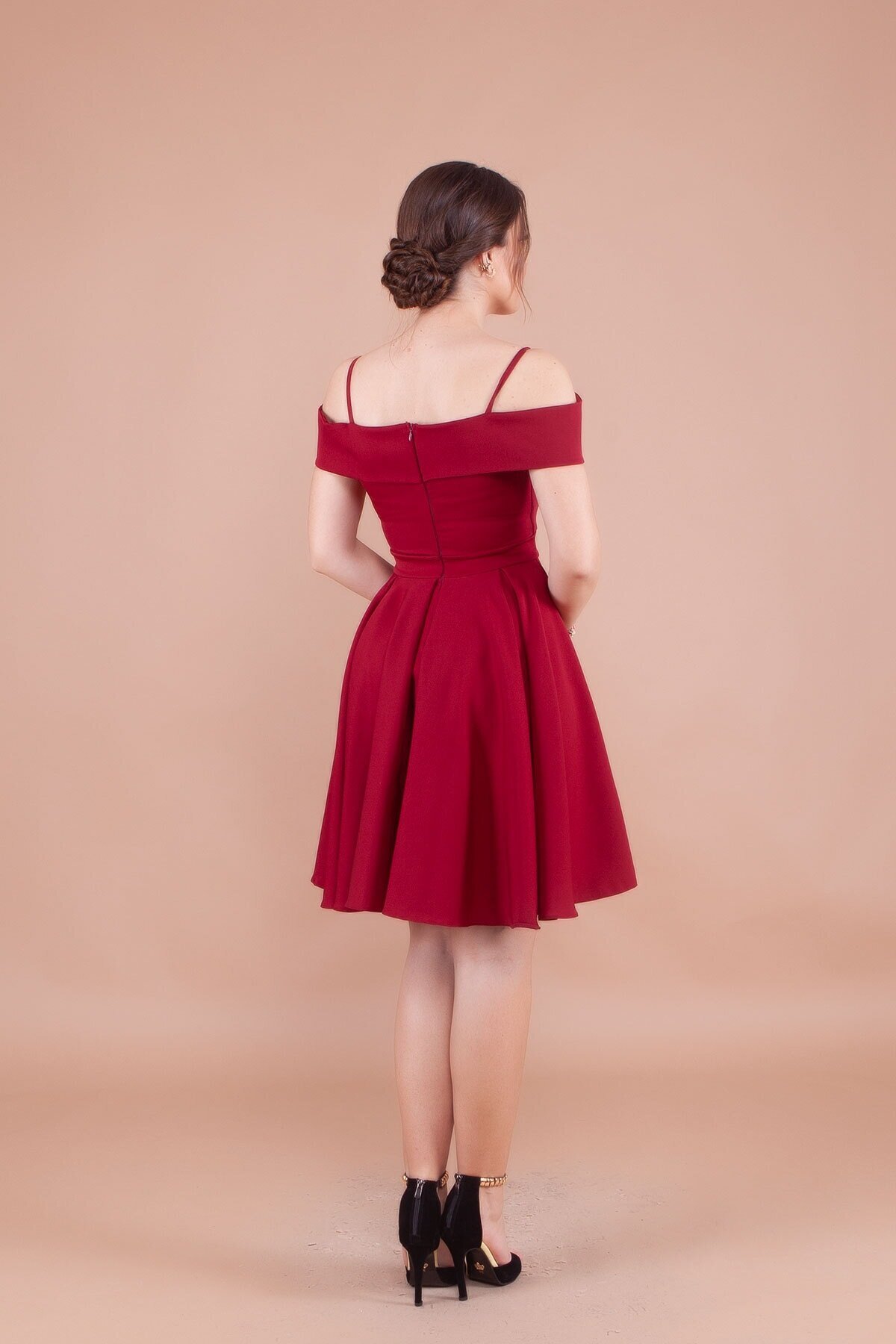 Mini Pleated Off-Shoulder Strappy Evening Dress - Burgundy - Bidoluelbise