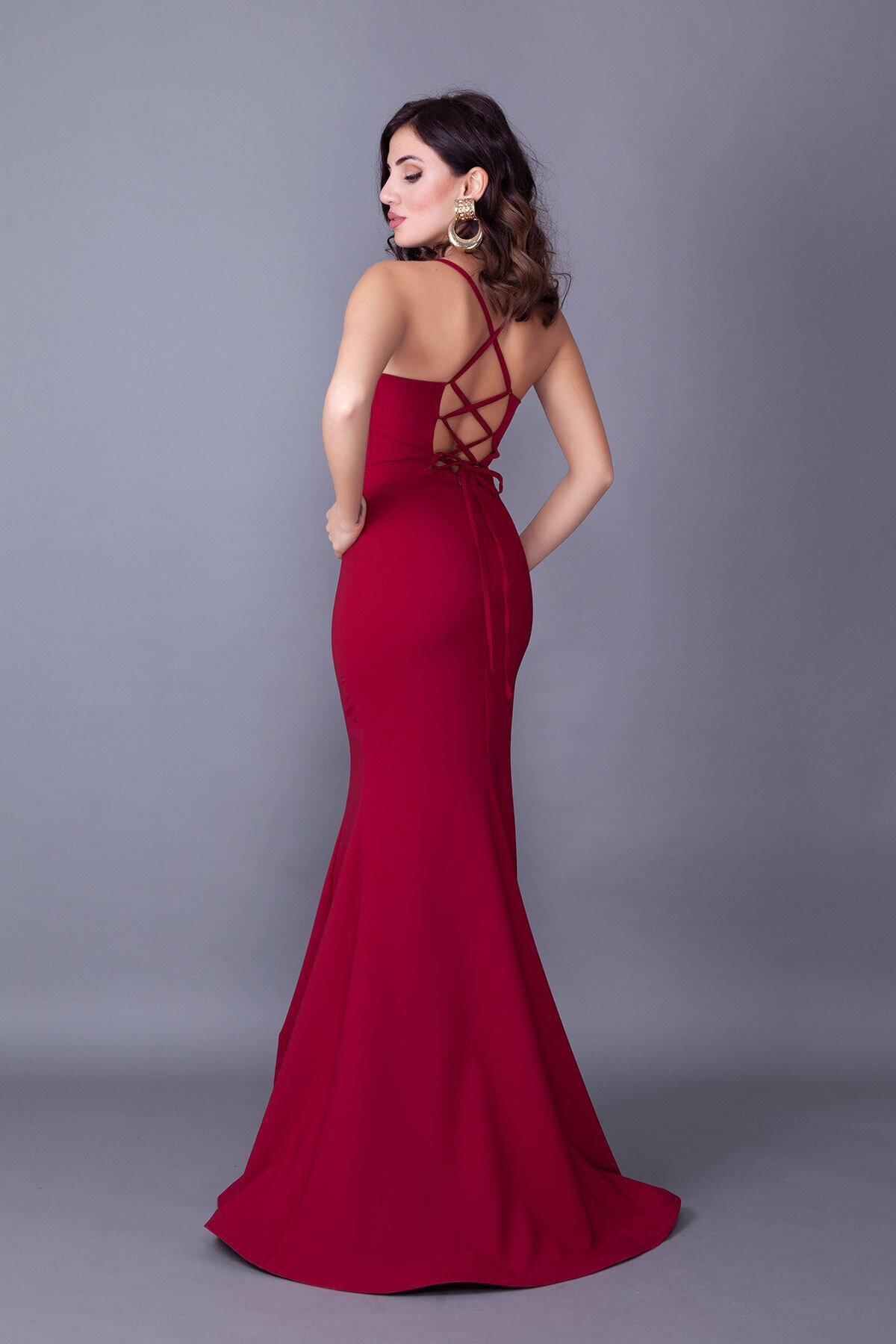 Long Mermaid Spaghetti Strap Back Lace-Up Evening Dress - Burgundy - Bidoluelbise