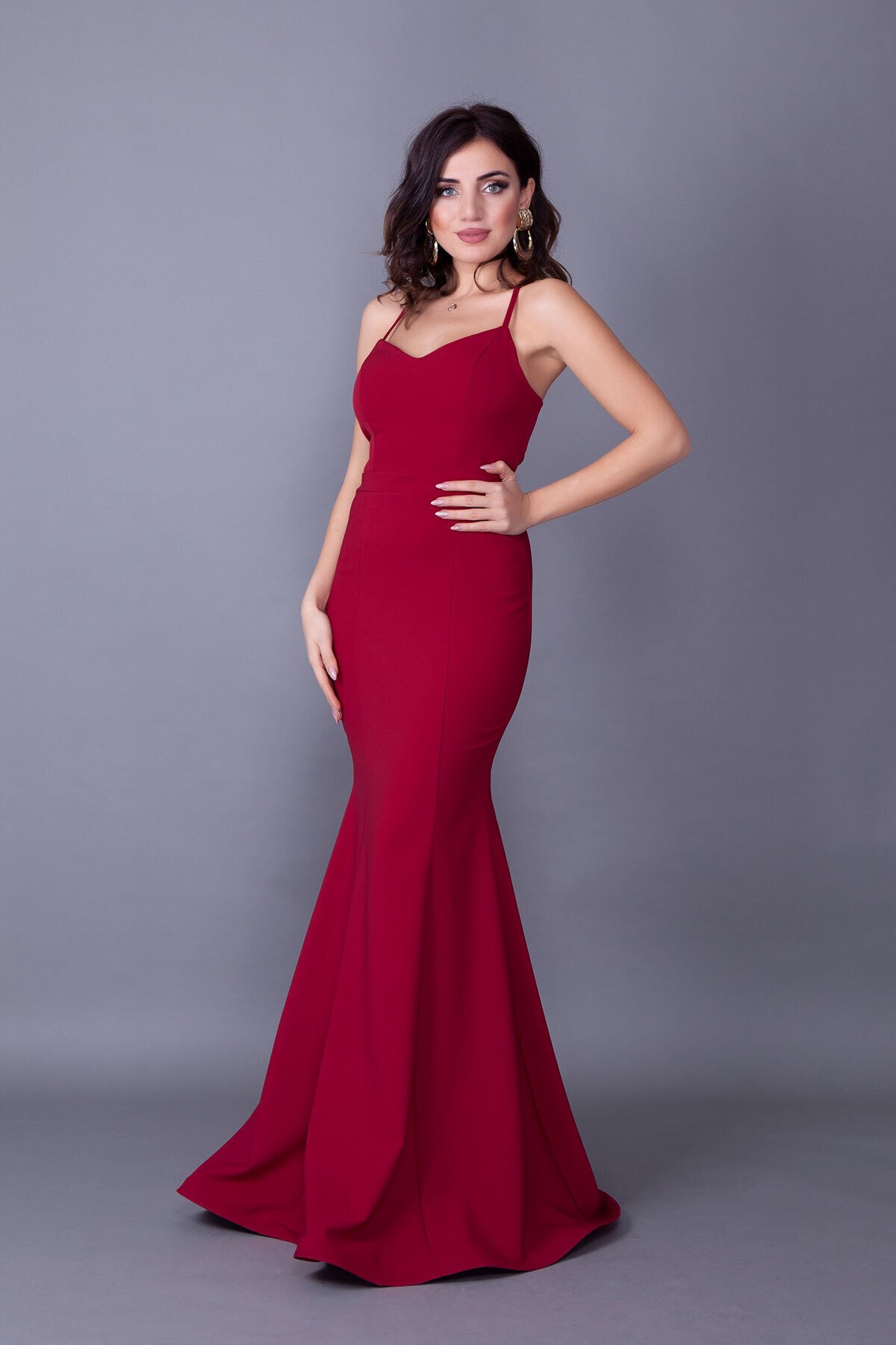 Long Mermaid Spaghetti Strap Back Lace-Up Evening Dress - Burgundy - Bidoluelbise