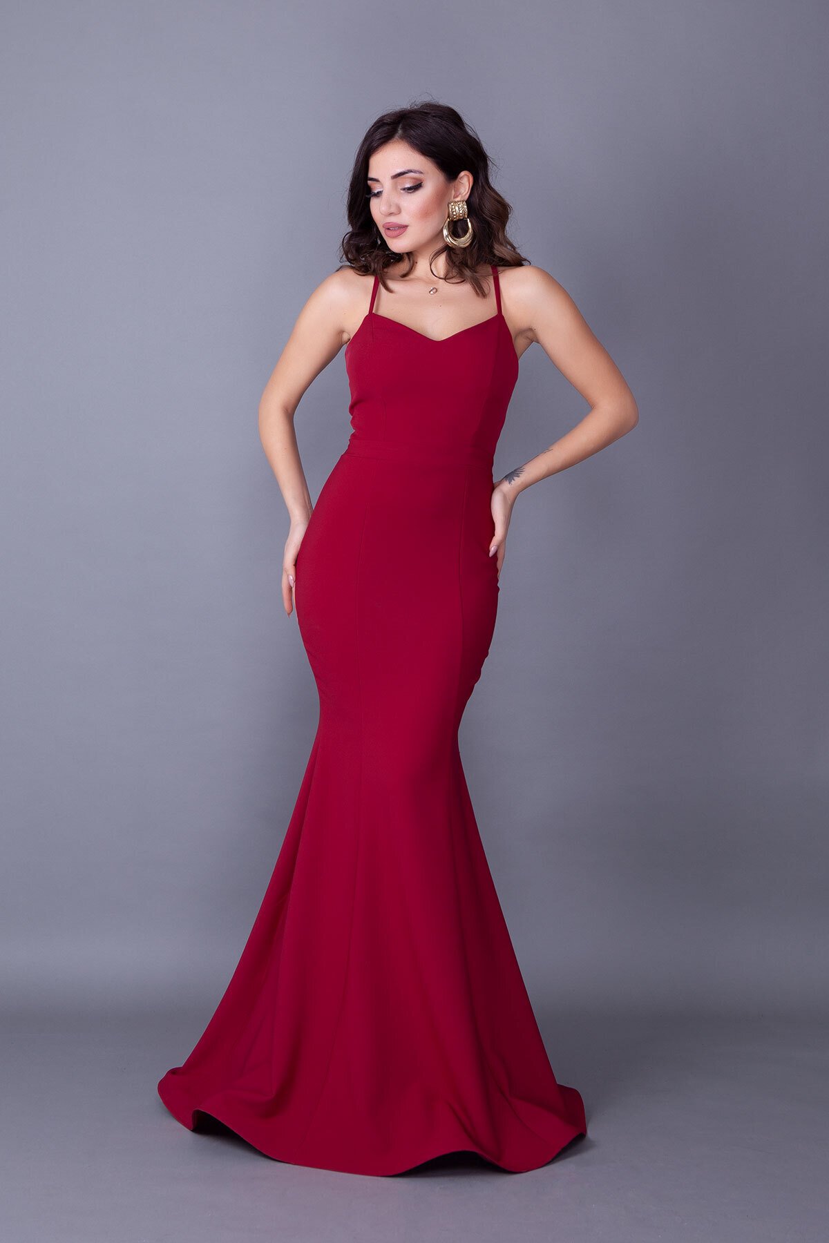 Long Mermaid Spaghetti Strap Back Lace-Up Evening Dress - Burgundy - Bidoluelbise