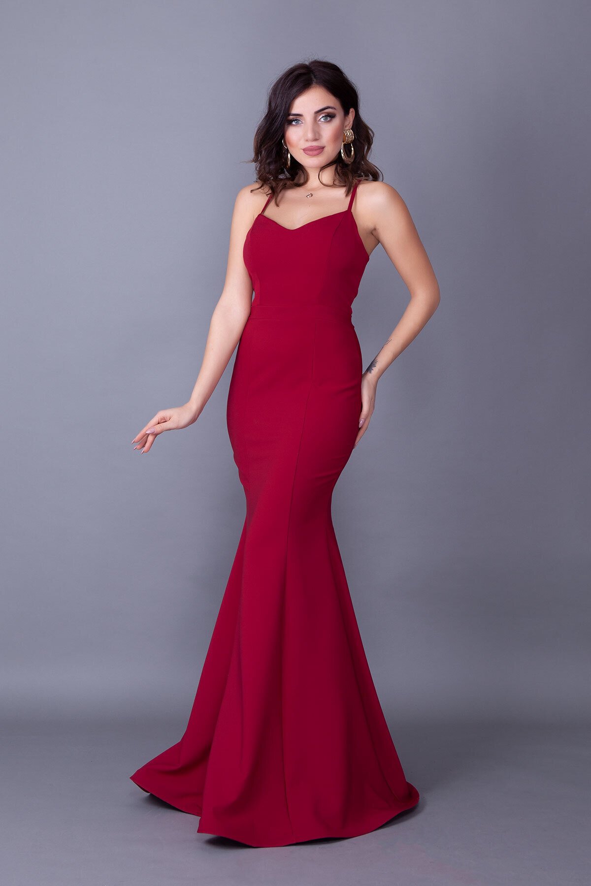 Long Mermaid Spaghetti Strap Back Lace-Up Evening Dress - Burgundy - Bidoluelbise
