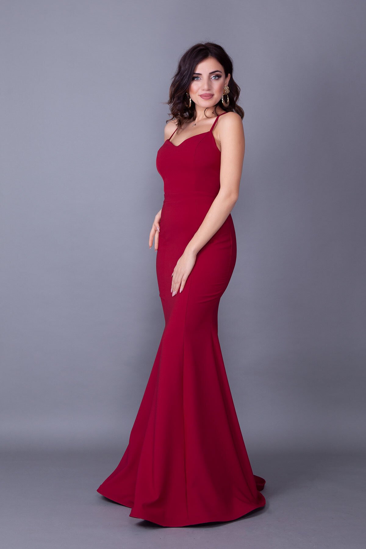 Long Mermaid Spaghetti Strap Back Lace-Up Evening Dress - Burgundy - Bidoluelbise