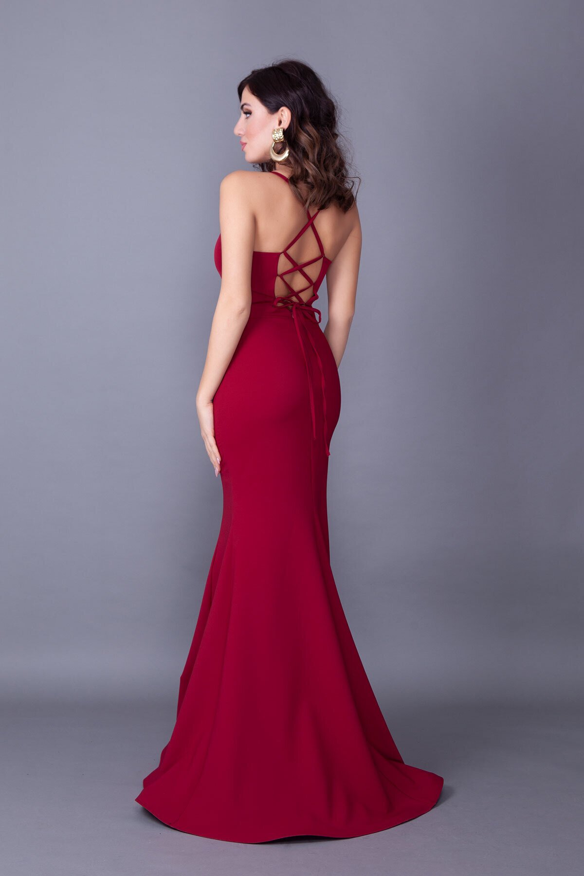 Long Mermaid Spaghetti Strap Back Lace-Up Evening Dress - Burgundy - Bidoluelbise