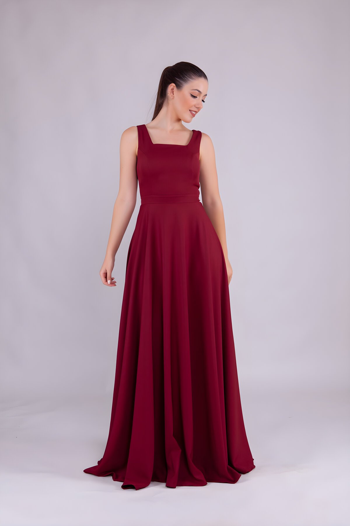 Bordo Uzun Kare Yaka Abiye Elbise - Bidoluelbise