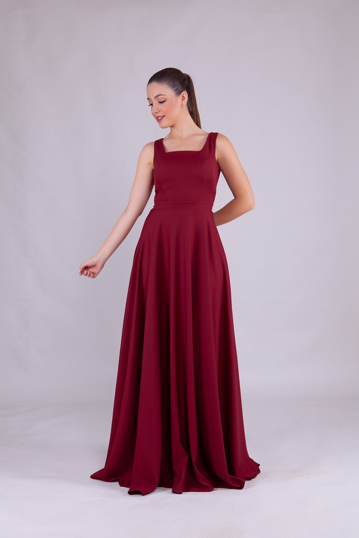 Long Square Neck Evening Dress - Burgundy - Bidoluelbise