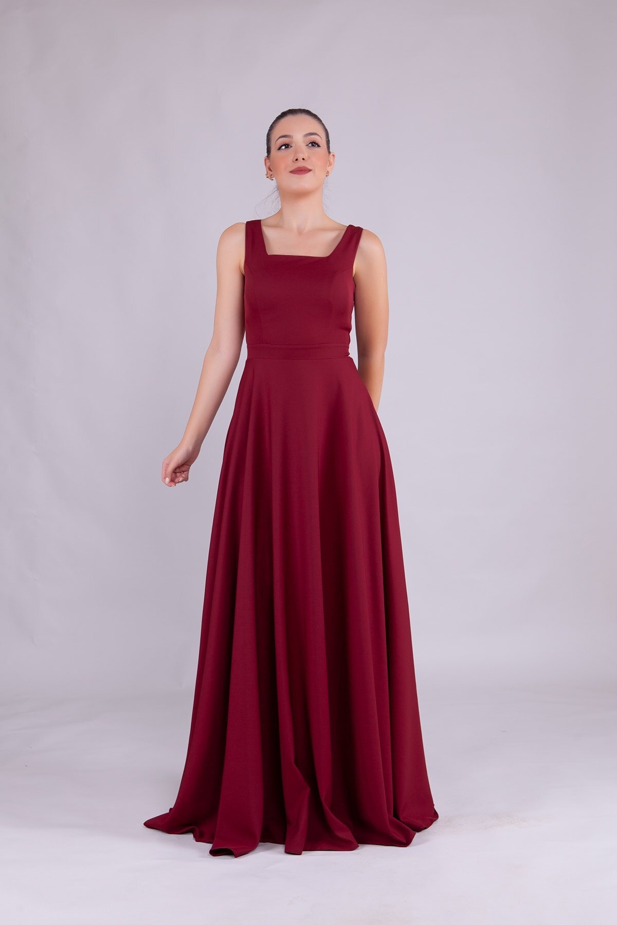 Long Square Neck Evening Dress - Burgundy - Bidoluelbise