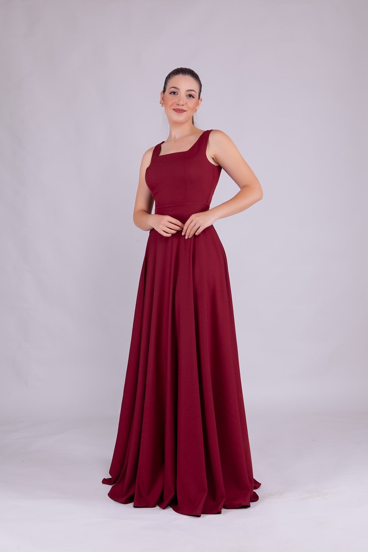 Long Square Neck Evening Dress - Burgundy - Bidoluelbise