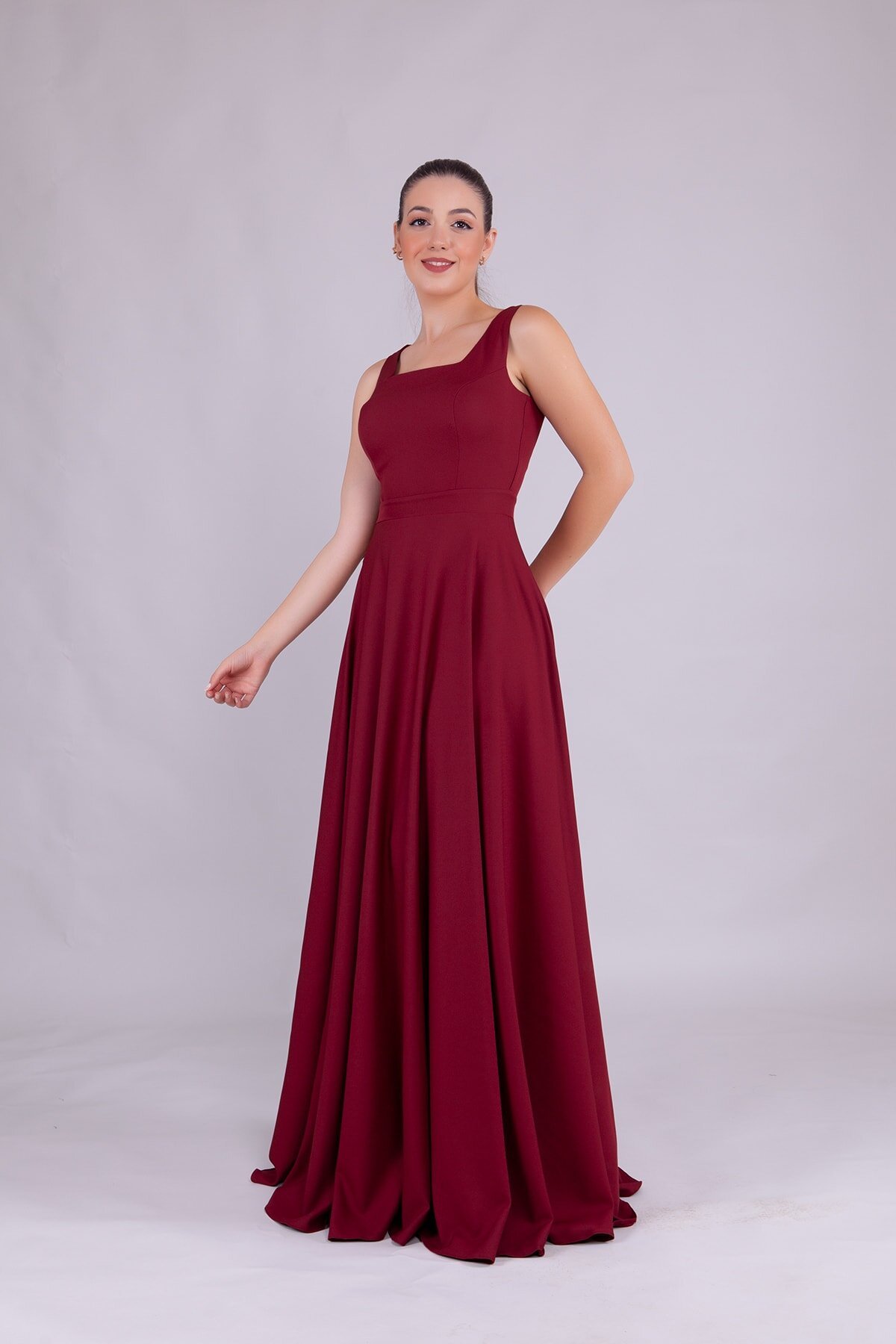 Long Square Neck Evening Dress - Burgundy - Bidoluelbise
