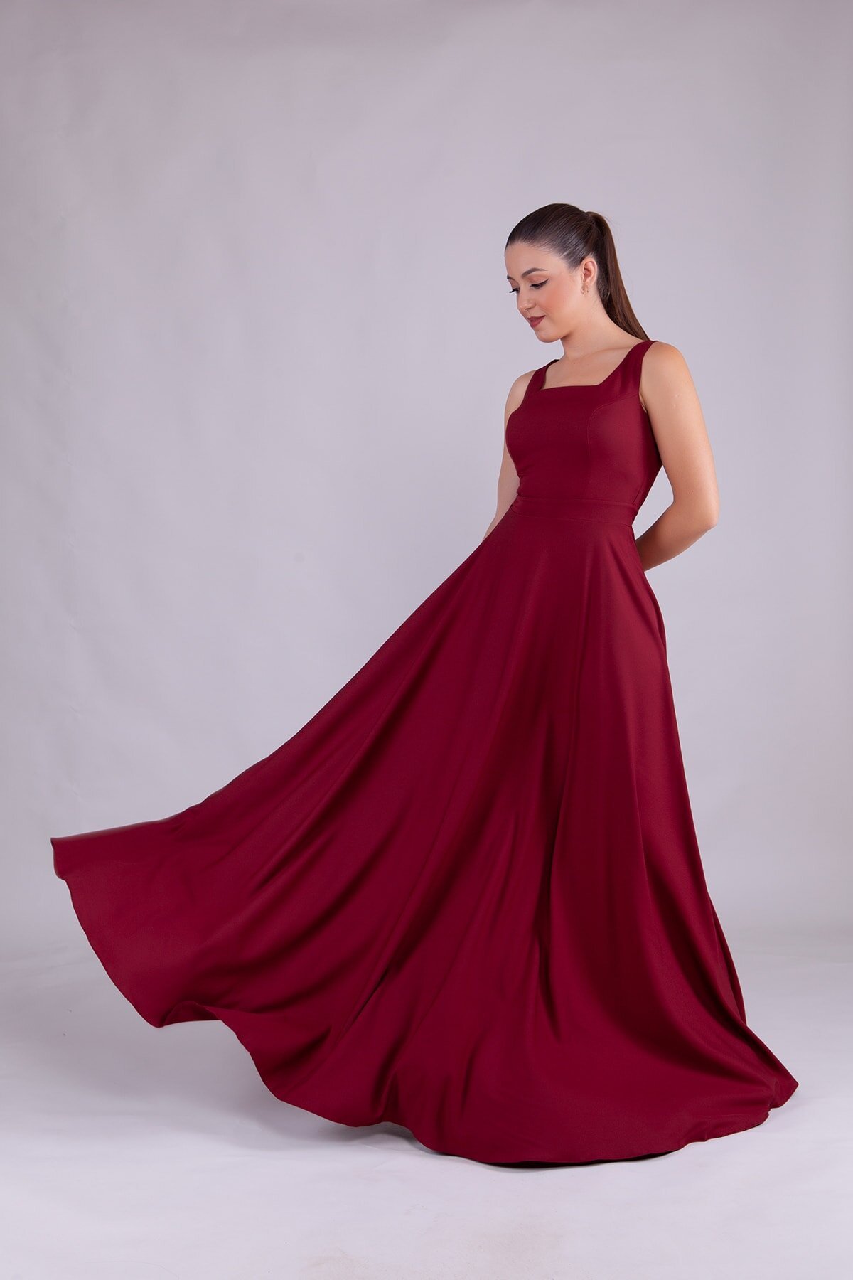 Long Square Neck Evening Dress - Burgundy - Bidoluelbise