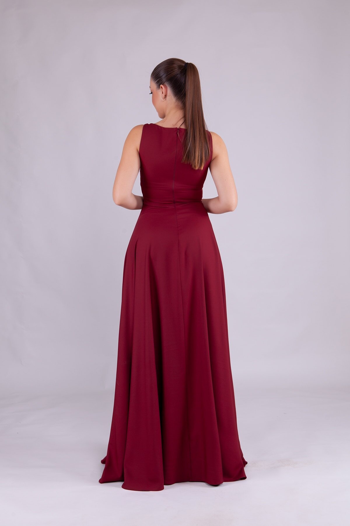 Long Square Neck Evening Dress - Burgundy - Bidoluelbise