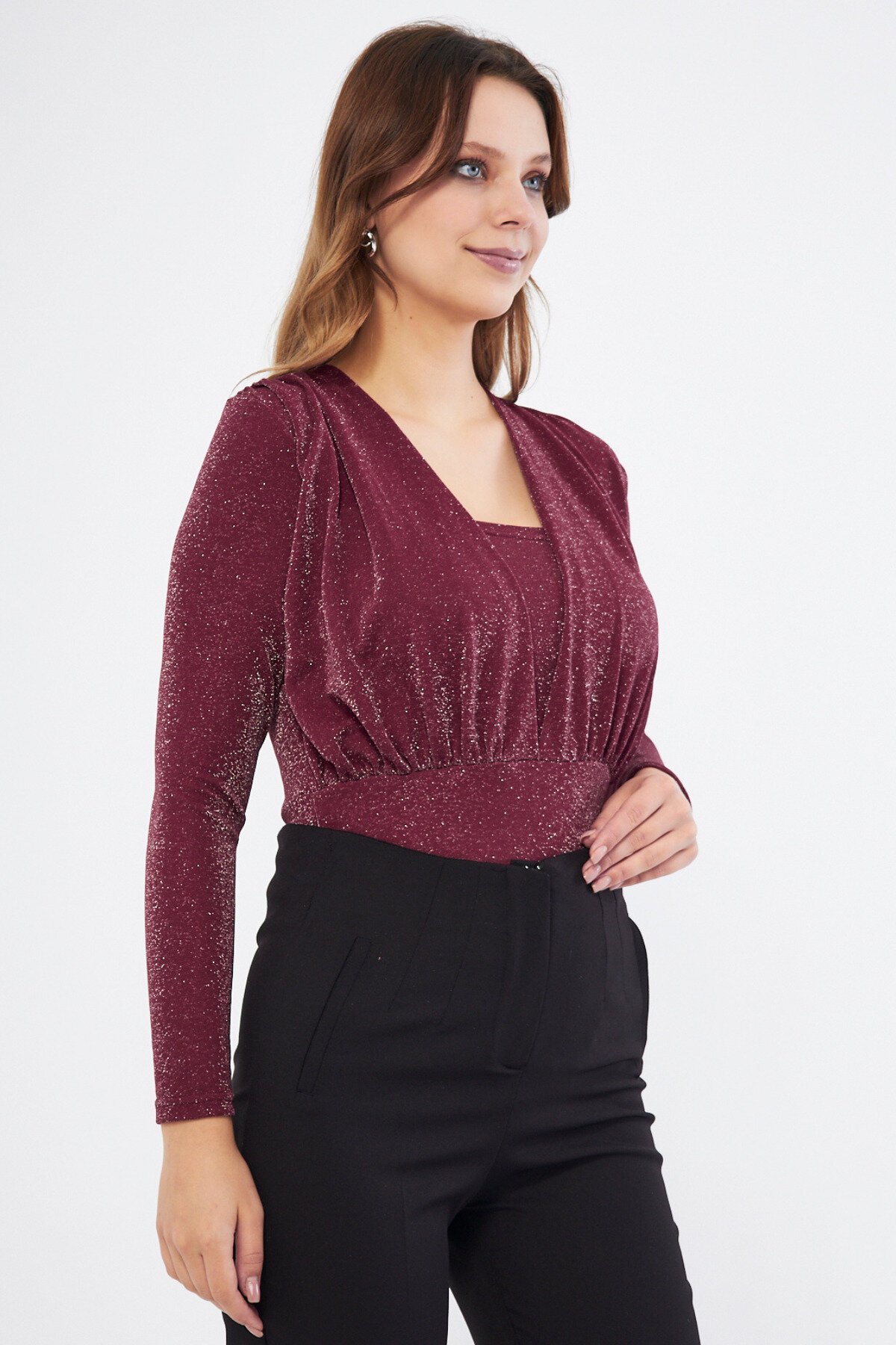 Long Sleeve Knitted Shimmer Ruched Bodysuit - Burgundy - Bidoluelbise