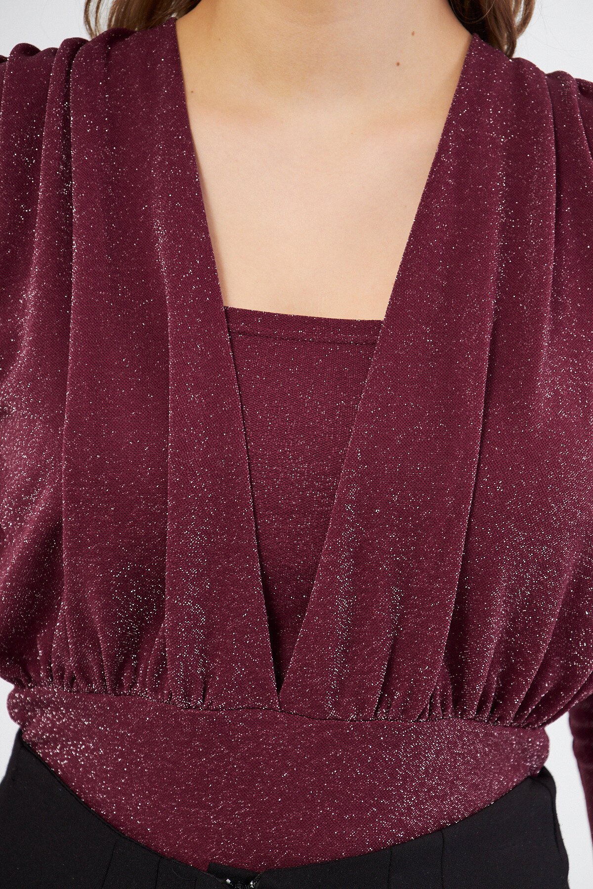 Long Sleeve Knitted Shimmer Ruched Bodysuit - Burgundy - Bidoluelbise