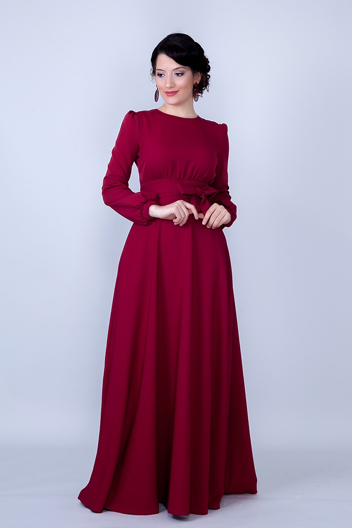 Long Sleeve Woven Round Neck Gathered Waist Belted Pocketed Modest Evening Dress - Burgundy - Bidoluelbise