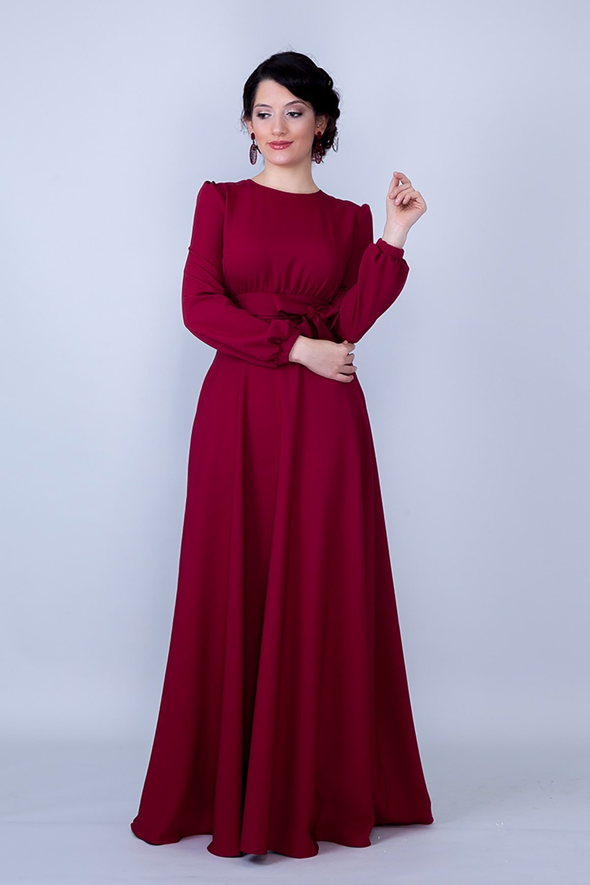 Long Sleeve Woven Round Neck Gathered Waist Belted Pocketed Modest Evening Dress - Burgundy - Bidoluelbise