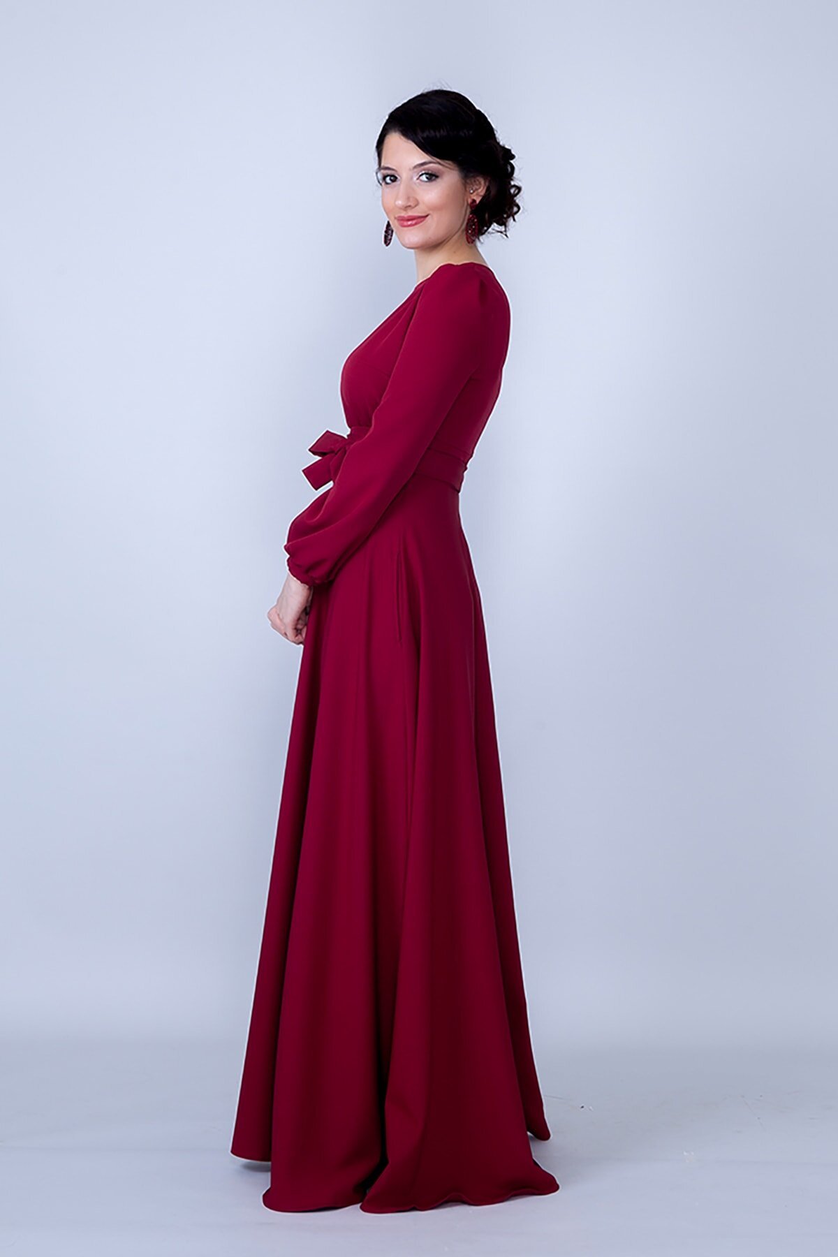 Long Sleeve Woven Round Neck Gathered Waist Belted Pocketed Modest Evening Dress - Burgundy - Bidoluelbise